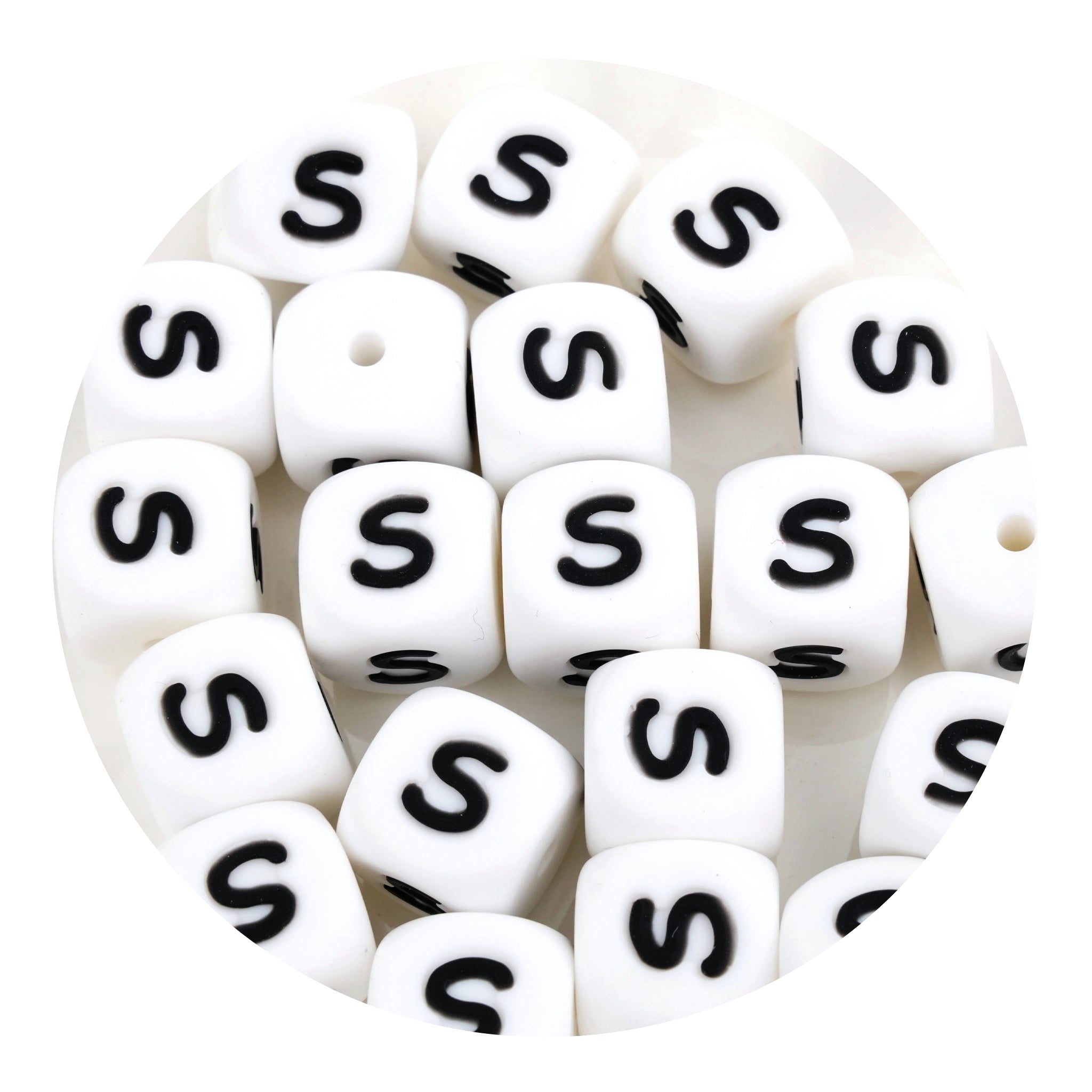 White silicone cube beads with black S letter, Master Maker Crafts wholesale, fast shipping Ohio DIY Craft Warehouse