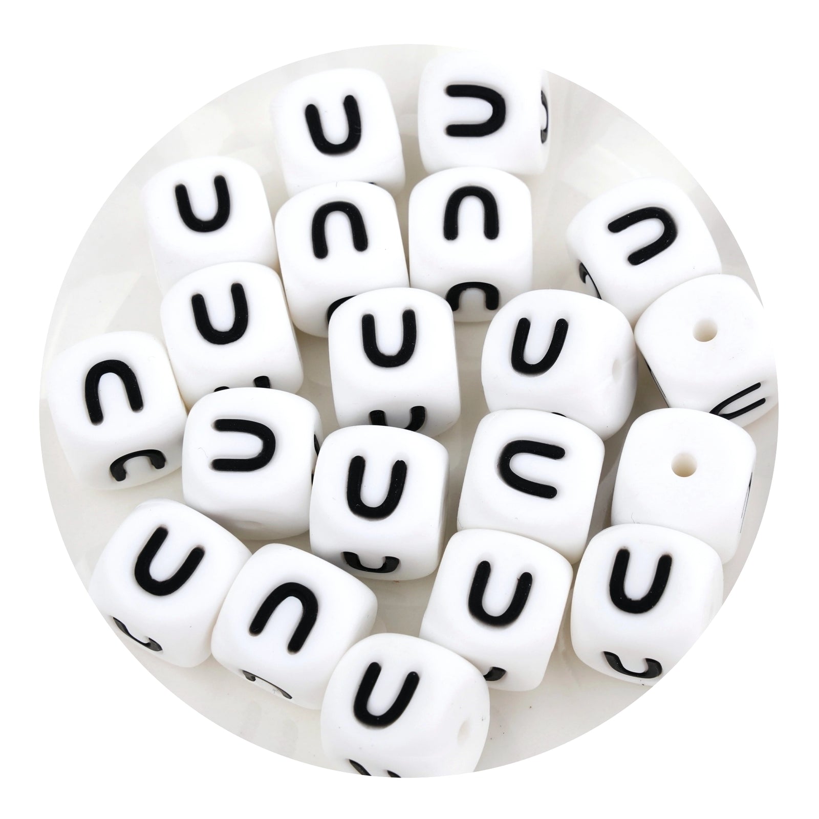 White silicone letter U square string beads, Master Maker Crafts wholesale supplies, Ohio