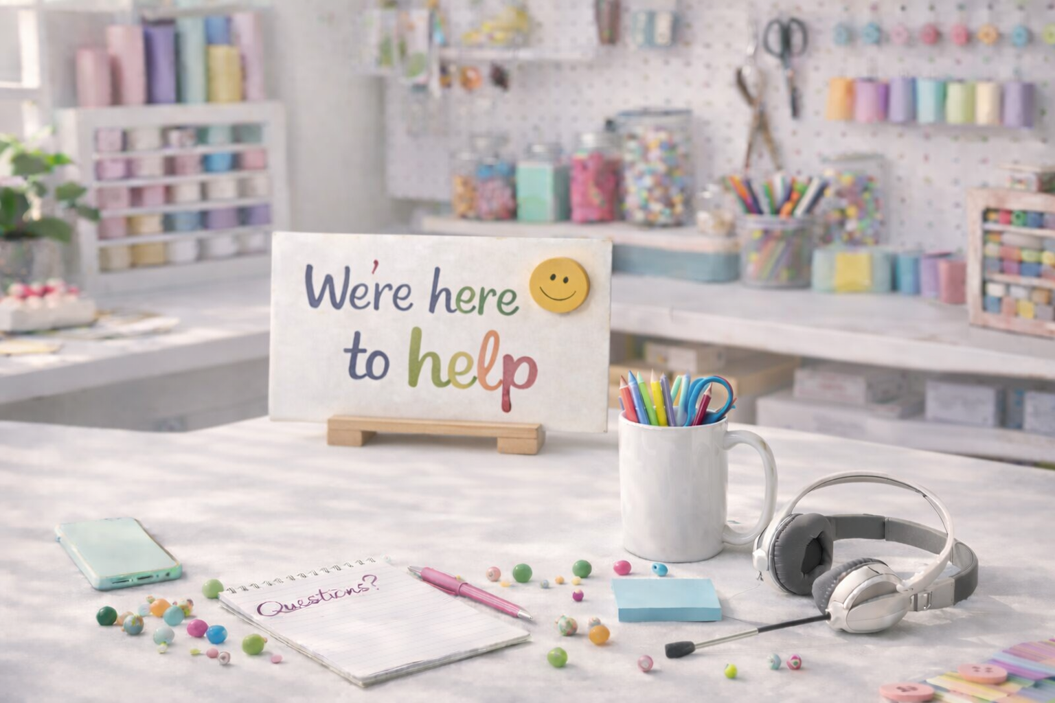 Colorful craft supplies, note card, and customer support sign in creative workspace, fast shipping from USA.