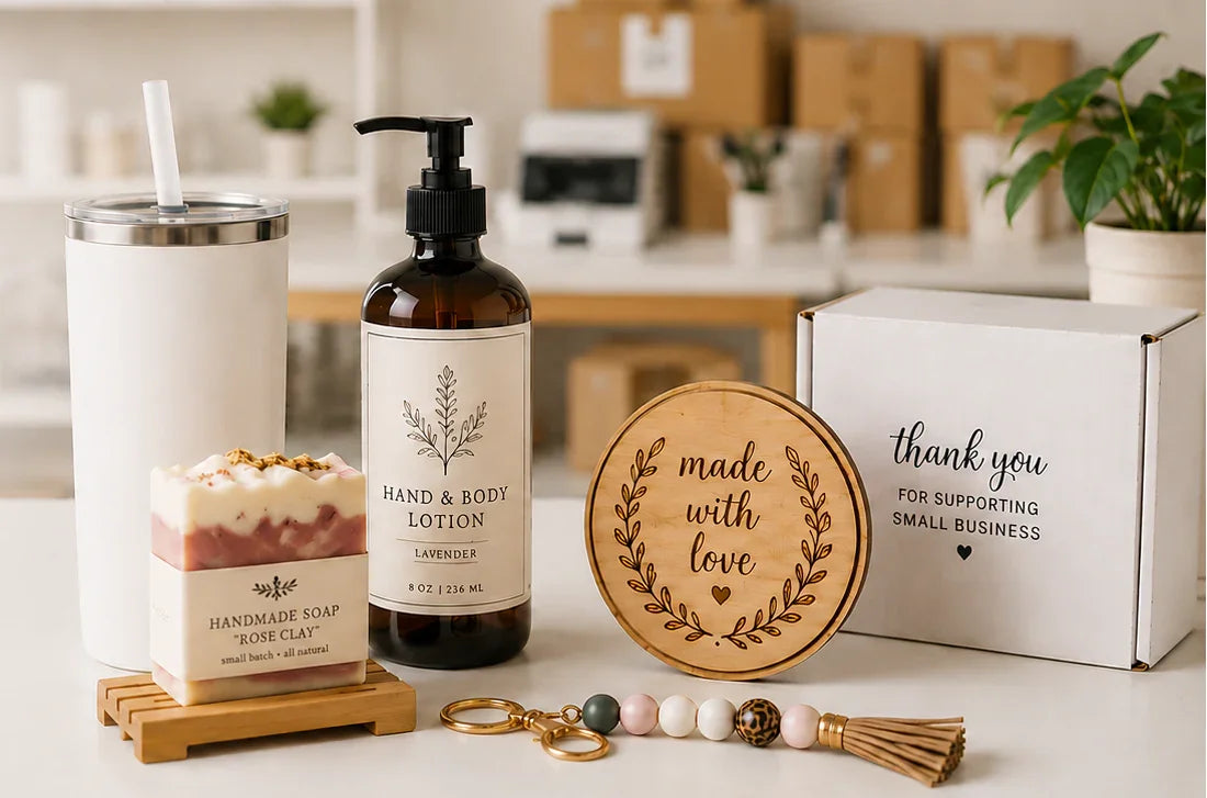 Collection of handmade products including a bottle of hand and body lotion, soap, keychain, and wooden item on a table.