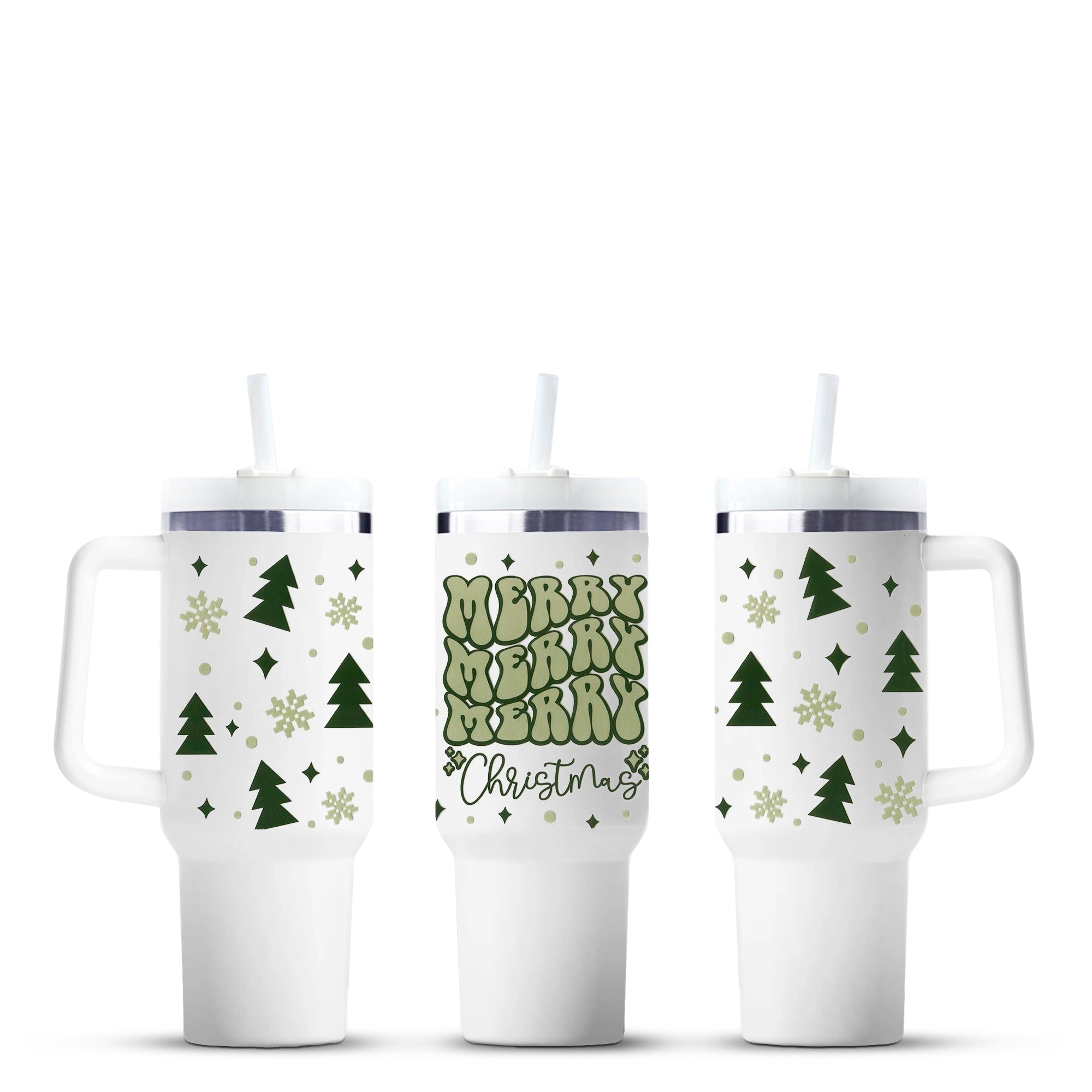 Merry Christmas green 40oz tumbler with trees and snowflakes, Master Maker Crafts wholesale Ohio. DIY Craft Warehouse
