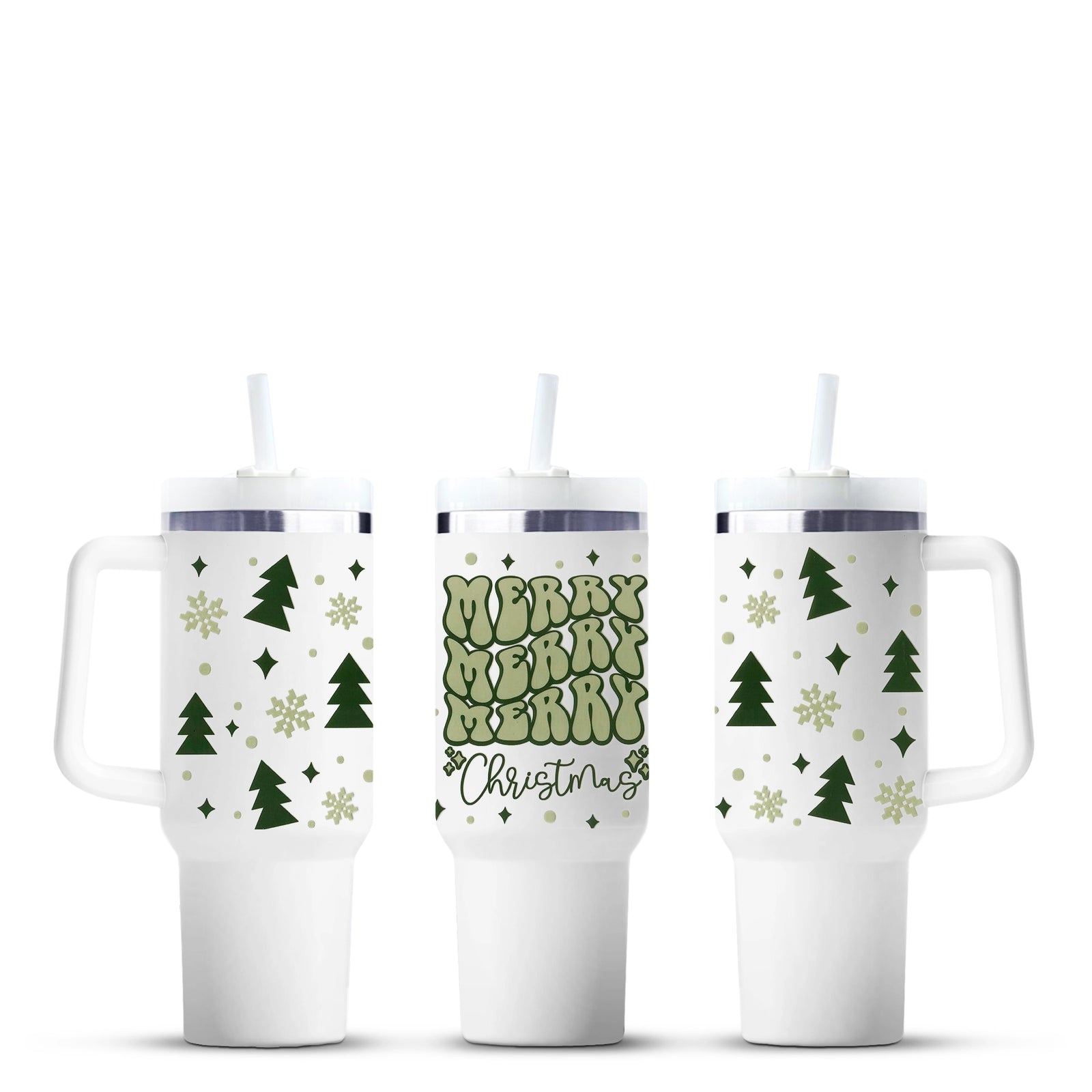 Merry Christmas green 40oz tumbler with trees and snowflakes, Master Maker Crafts wholesale Ohio.