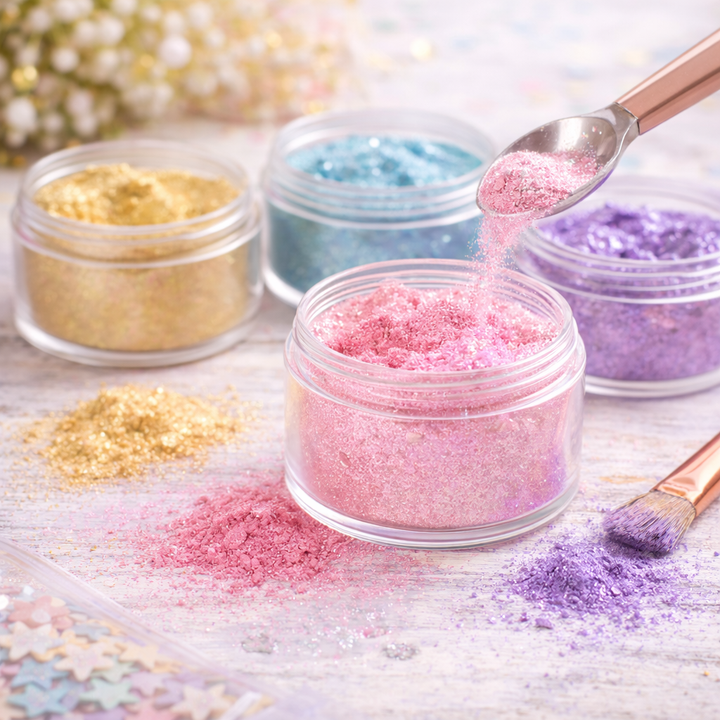 Colorful powders in small jars with a spoon and brush on a light background