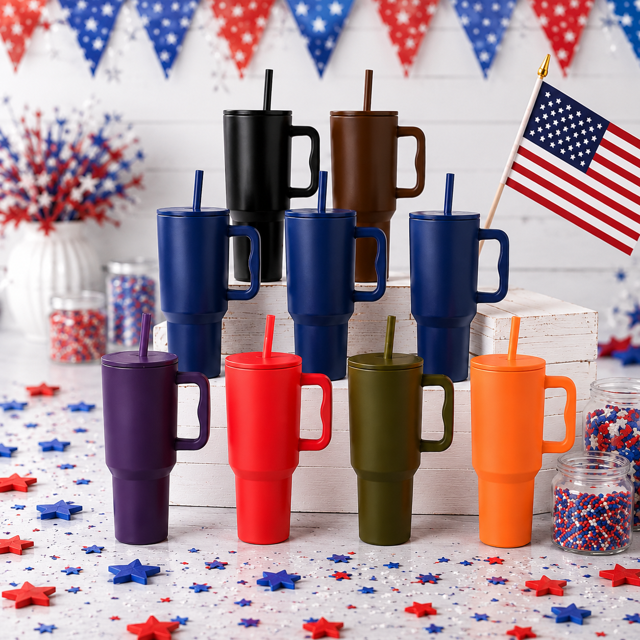 Modern II Tumblers in blue, orange, green.  Americana holiday theme.