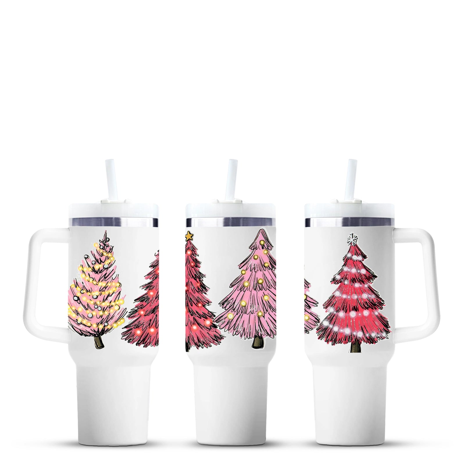 Modern Merry Pines 40oz tumblers with pink Christmas trees, Master Maker Crafts wholesale Ohio