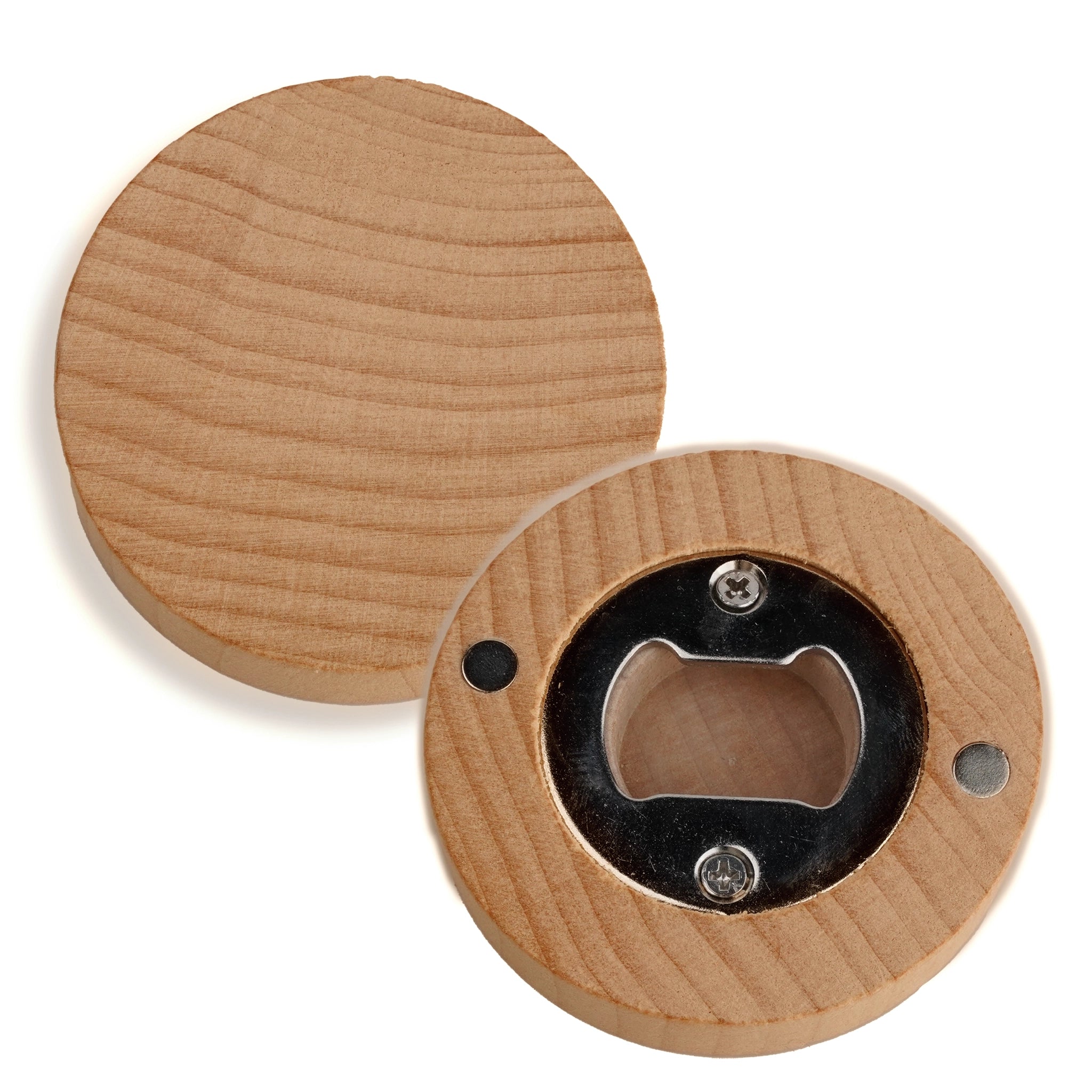 Image of Wood Round Bottle Opener with Magnet sold at Master Maker Crafts. Wholesale prices and fast shipping.