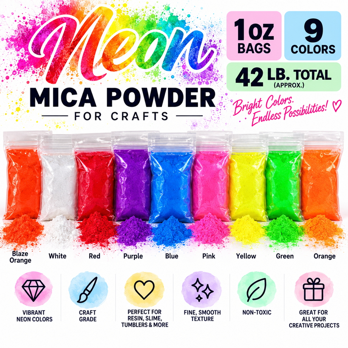 Mica Neon Powder CRAFT GRADE (9 Colors/42 lbs) – 42/CASE