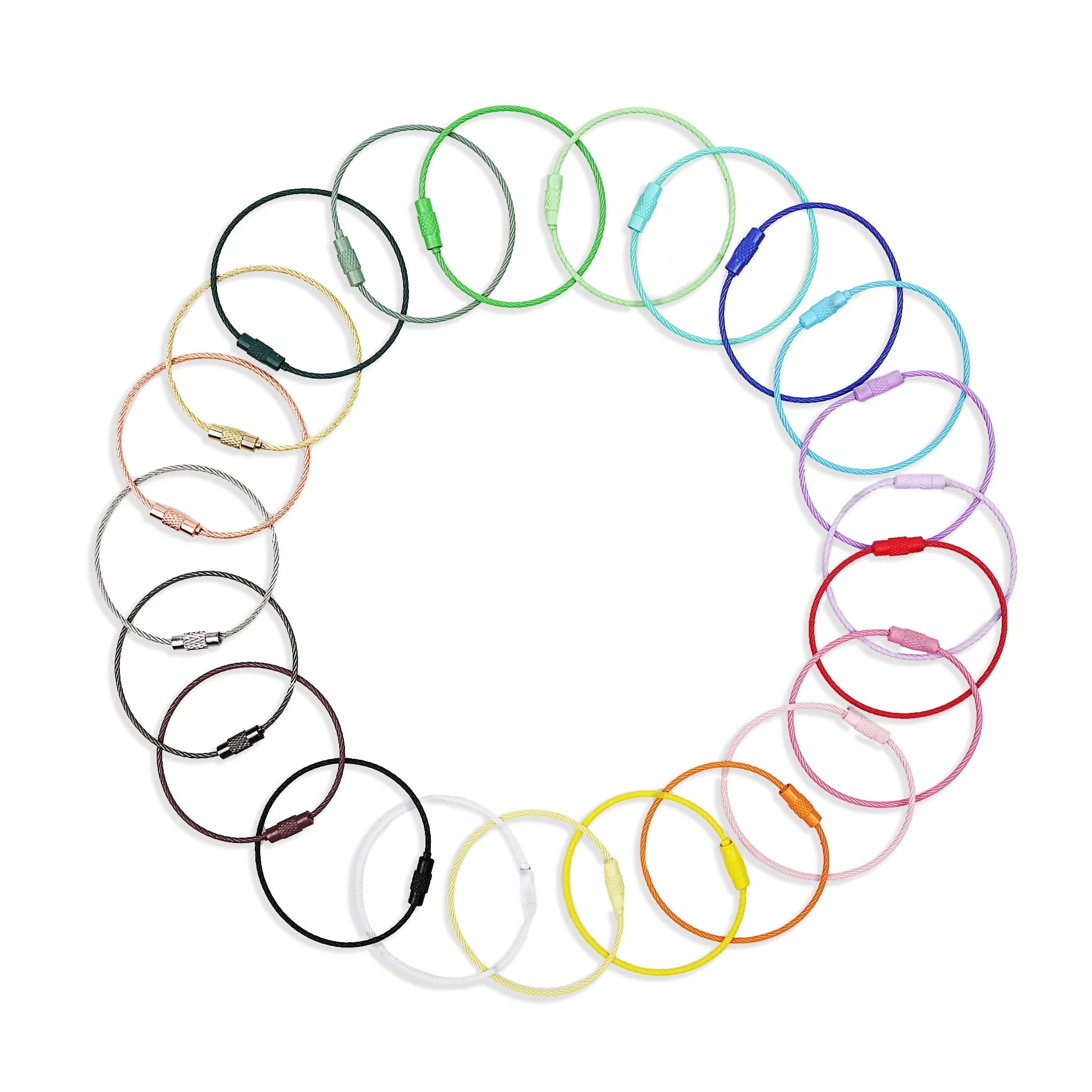 Colorful beadable wire tumbler charms arranged in a circle on white background, fast USA shipping.