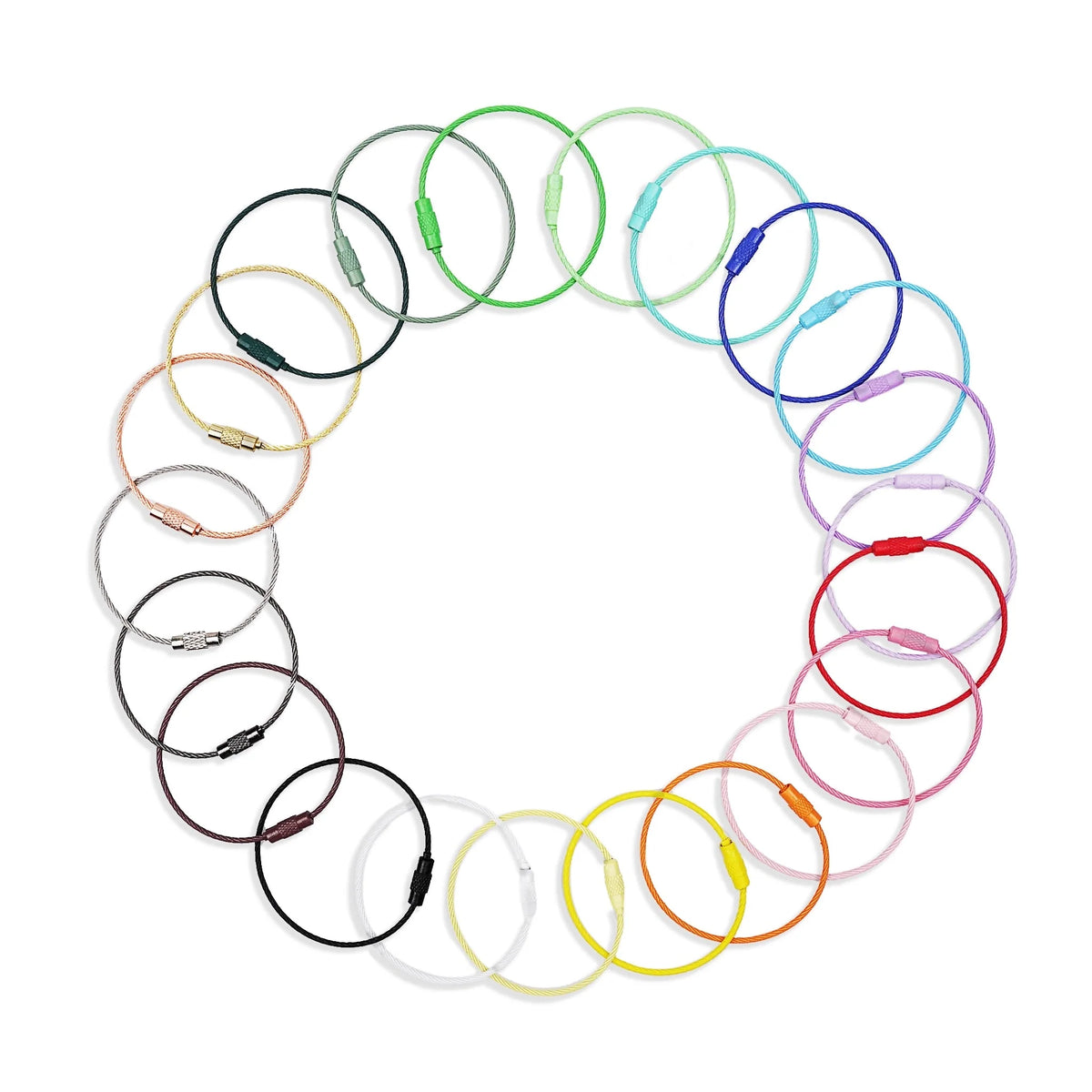 Colorful beadable wire tumbler charms arranged in a circle on white background, fast USA shipping.
