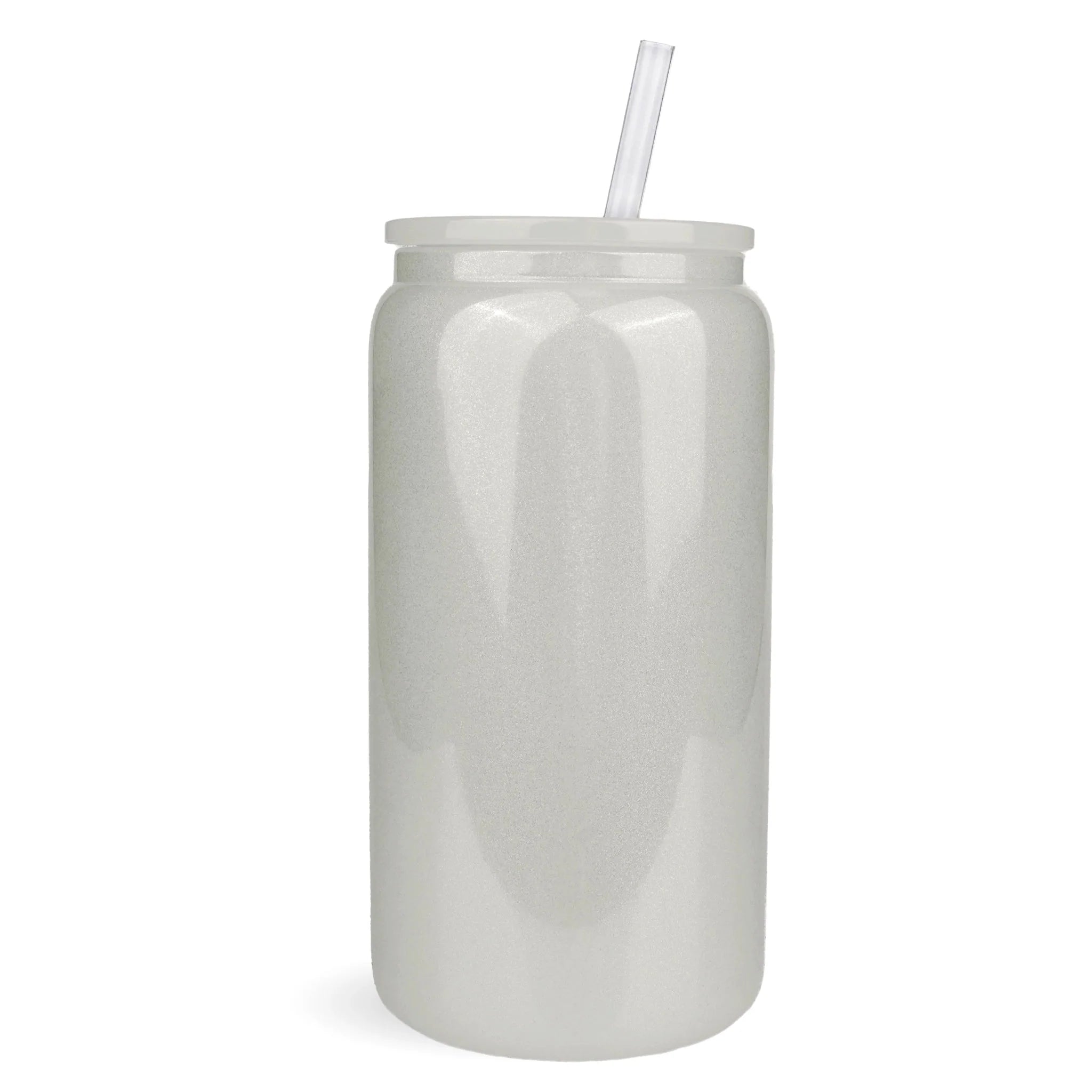 Single wall glass can tumbler, shimmer white finish, clear lid and straw, wholesale craft supplies USA.