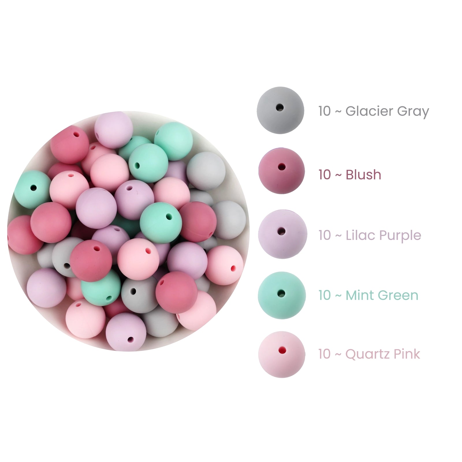 Pastel silicone beads in blush, glacier gray, lilac purple, mint green, quartz pink from Master Maker Crafts - Wholesale Craft Supplies - Fast Shipping Ohio