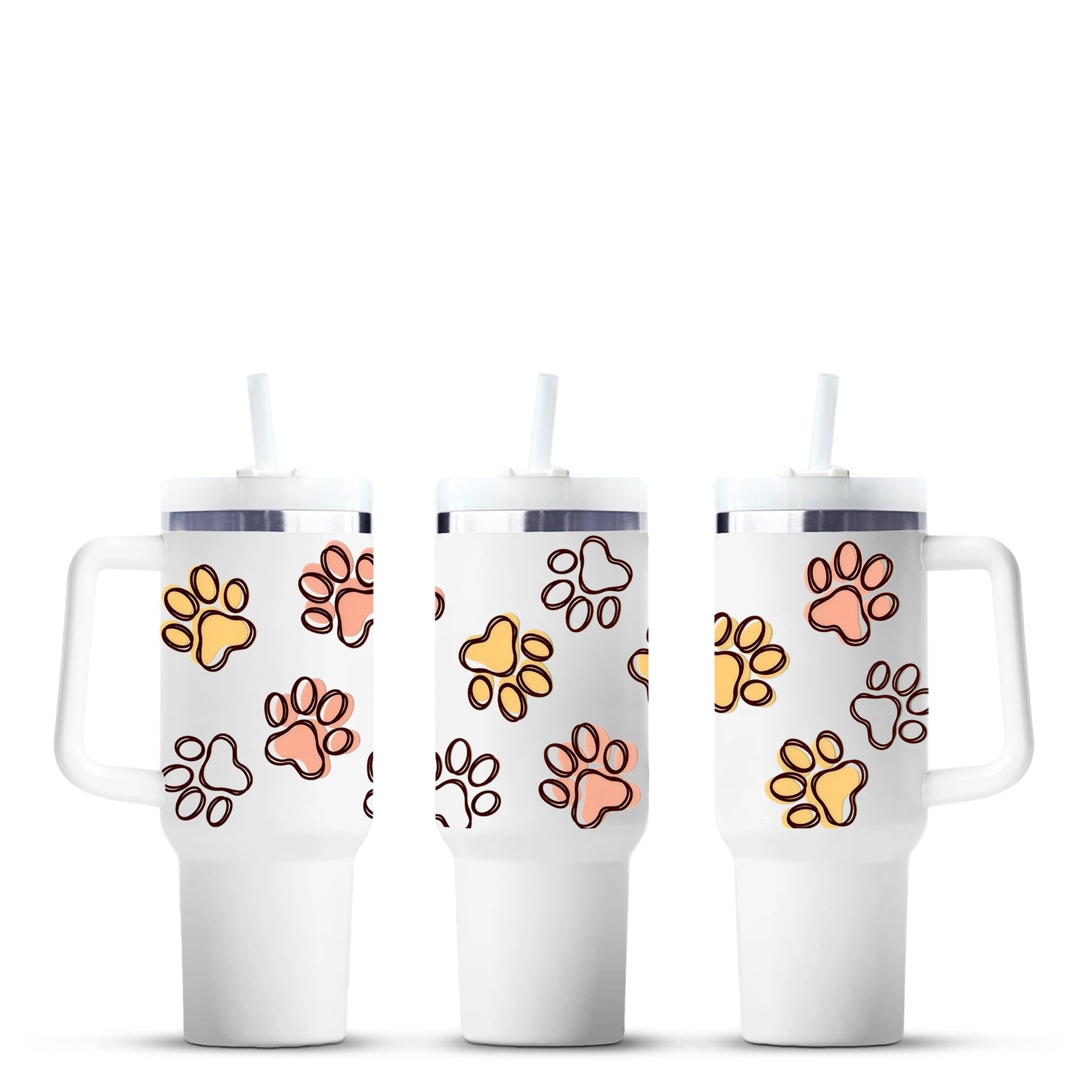 White handled tumblers with colorful paw print design, Master Maker Crafts wholesale, Ohio shipping