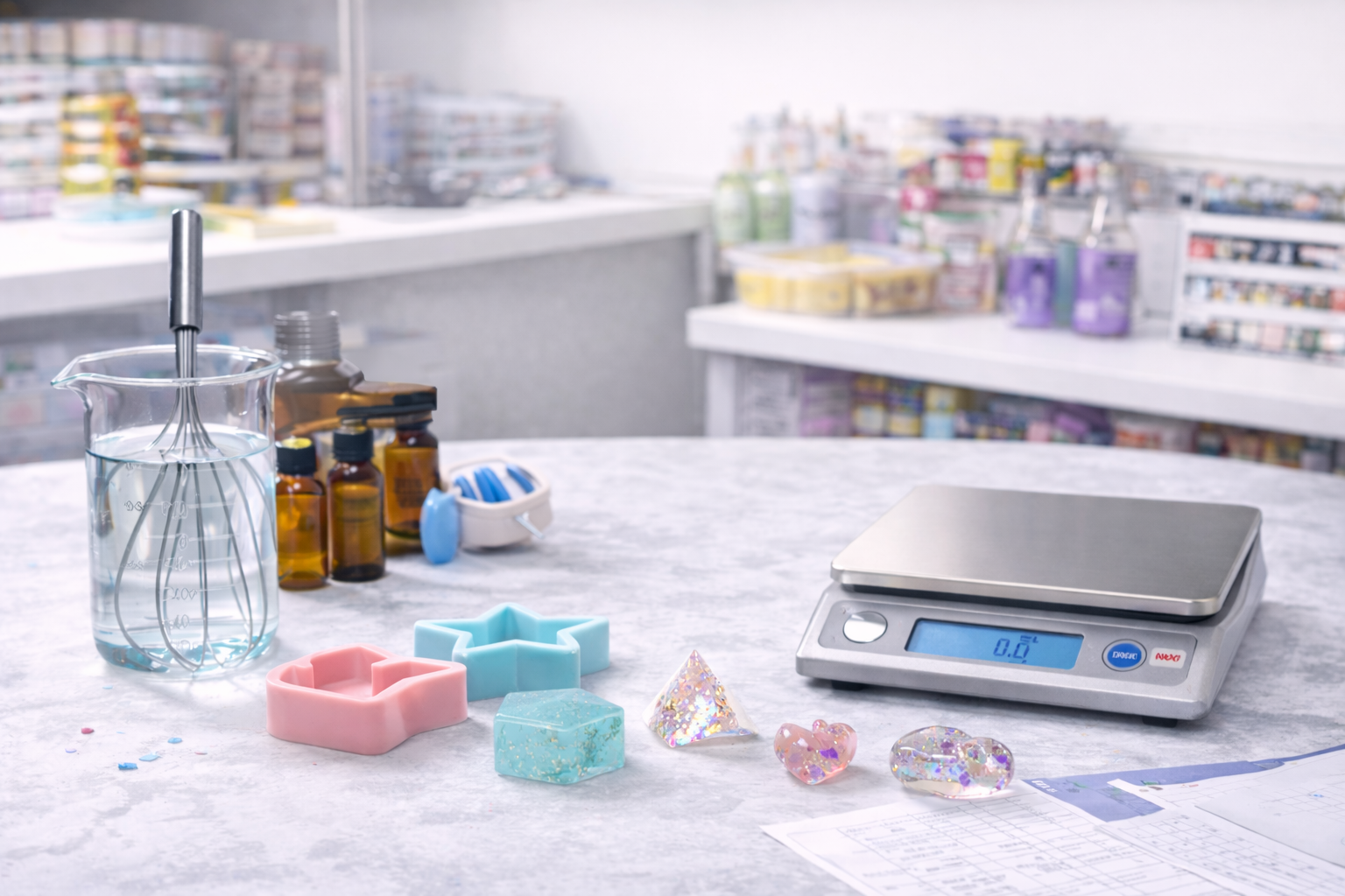 Craft supplies on table with resin molds, digital scale, mixing beaker, and bottles in workshop.