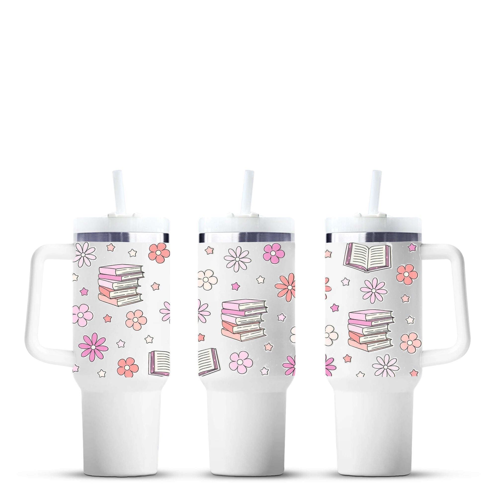 40oz tumbler with pink florals and books, Master Maker Crafts wholesale craft supplies Ohio DIY Craft Warehouse