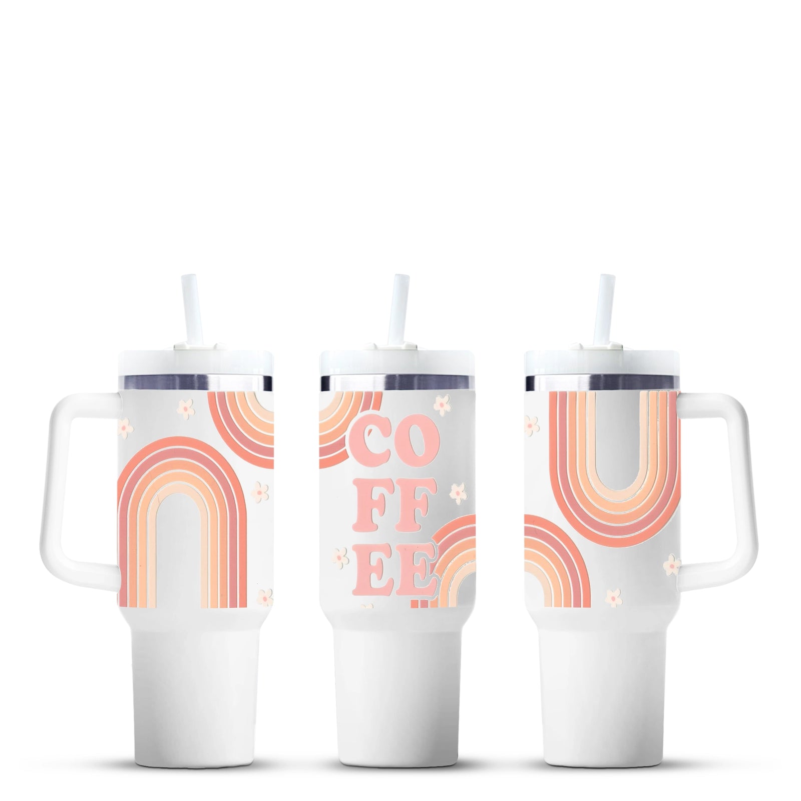 Pink rainbow coffee tumbler with handle, Master Maker Crafts wholesale, fast shipping Ohio