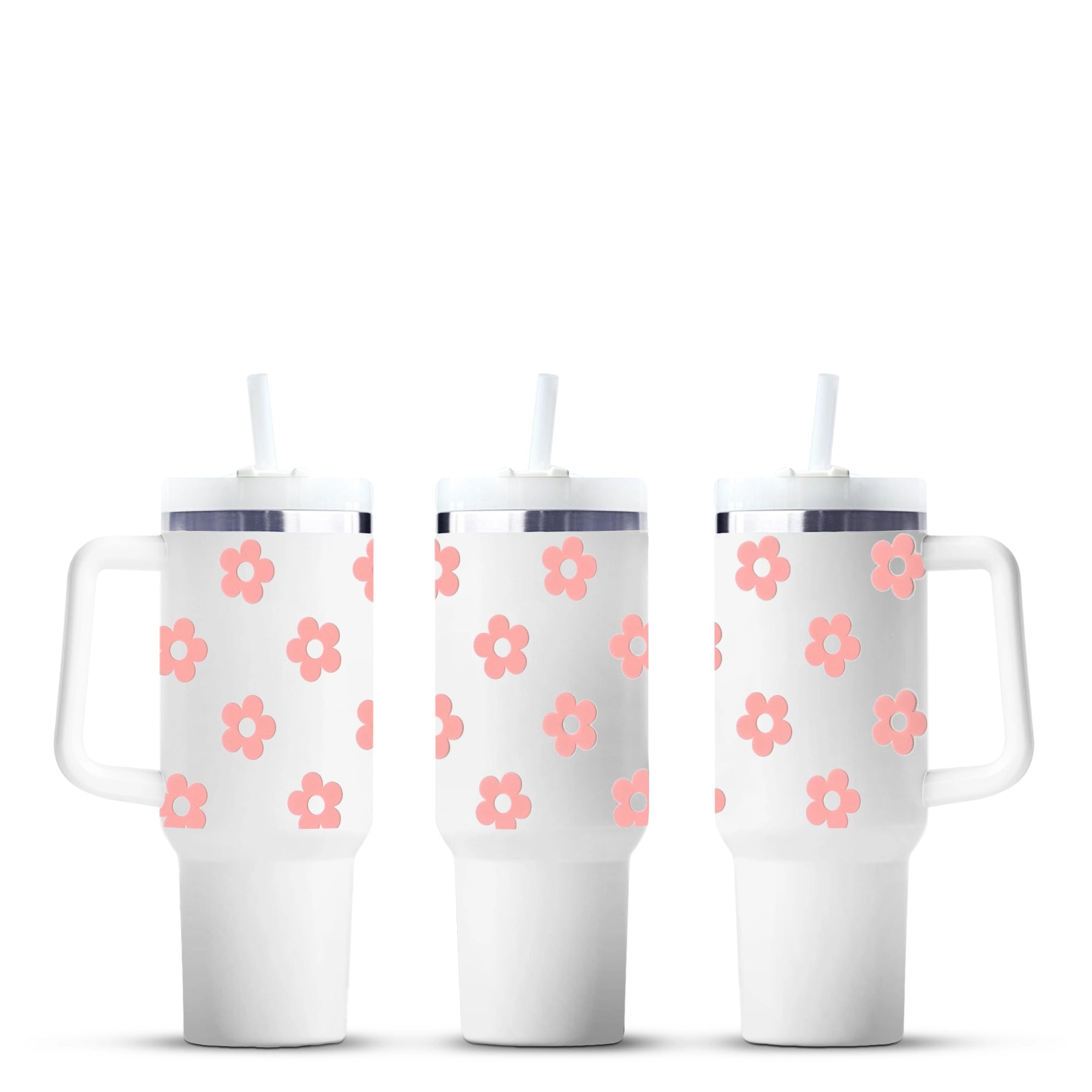 White tumblers with pink daisy pattern, Master Maker Crafts wholesale, fast shipping Ohio DIY Craft Warehouse