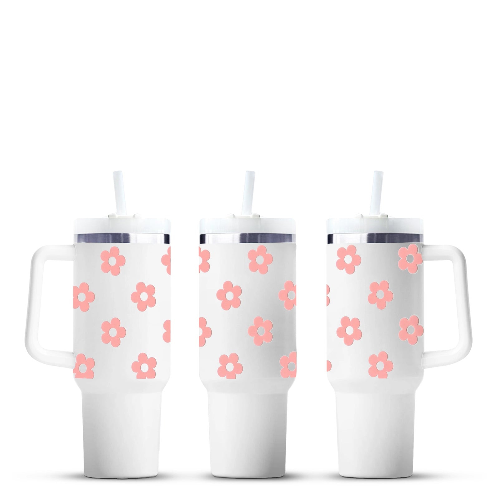 White tumblers with pink daisy pattern, Master Maker Crafts wholesale, fast shipping Ohio