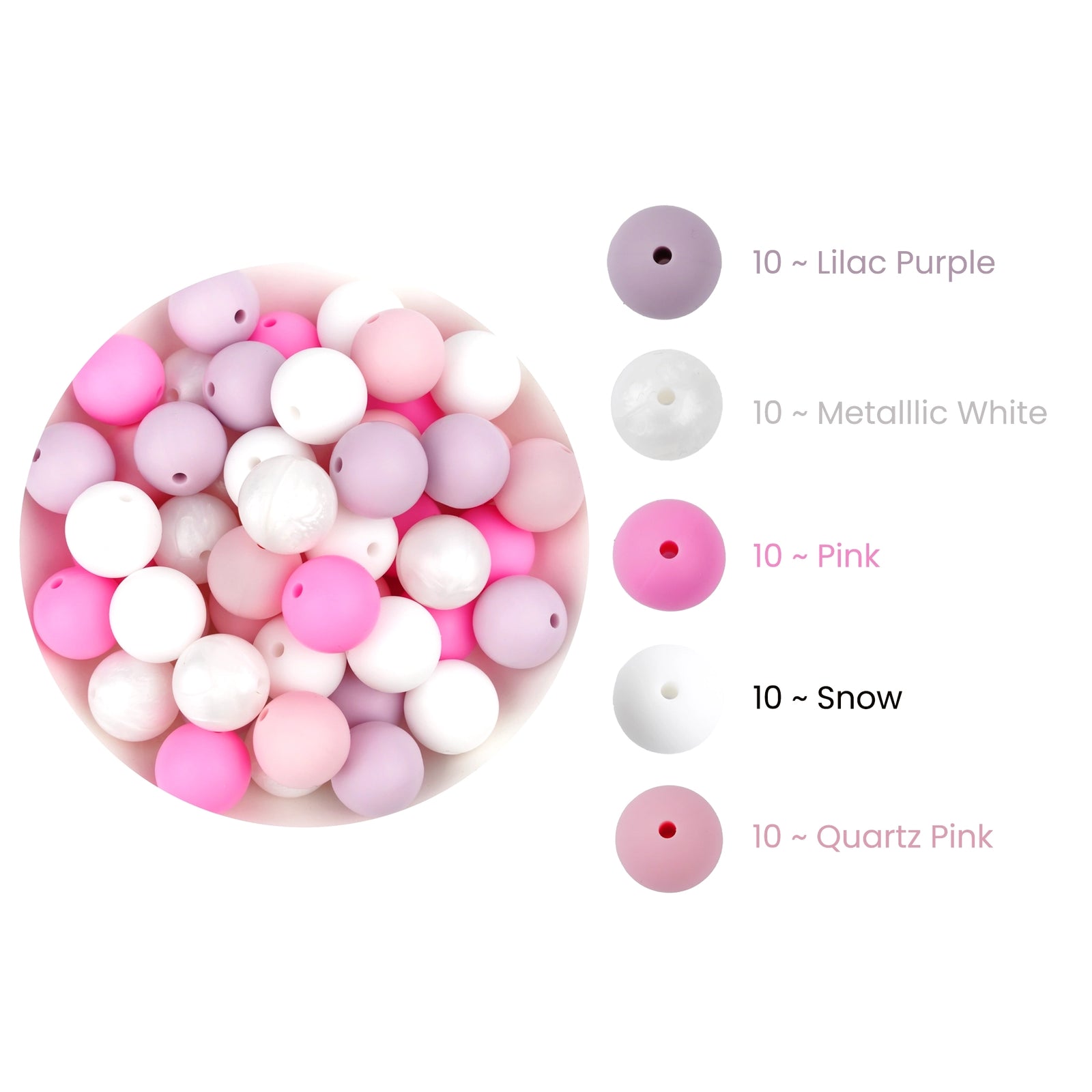 Pink blend silicone beads in lilac purple, metallic white, pink, snow, and quartz pink by Master Maker Crafts - Wholesale Craft Supplies - Fast Shipping Ohio
