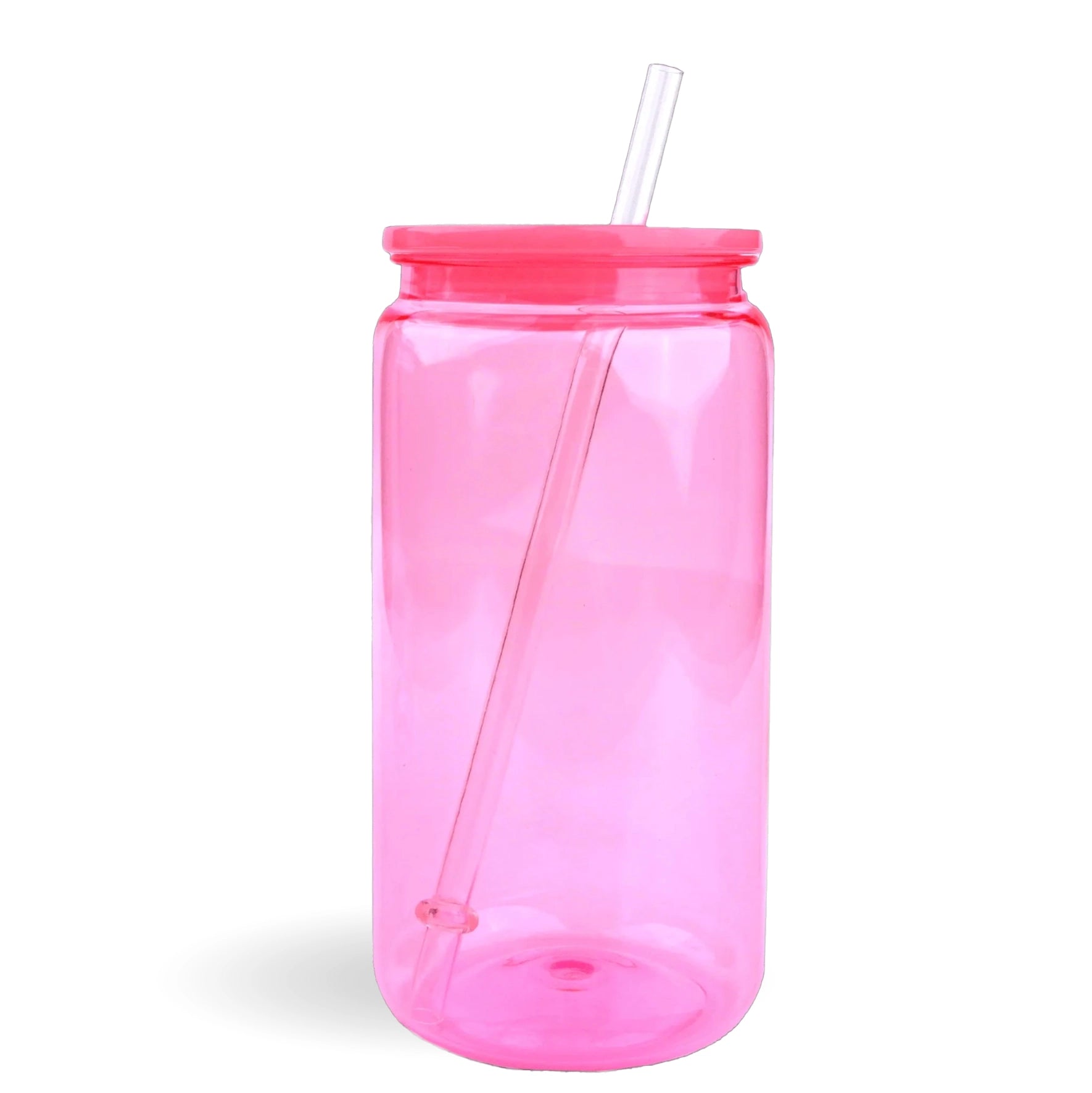 Bright pink transparent plastic can tumbler with straw, Master Maker Crafts wholesale supply Ohio DIY Craft Warehouse