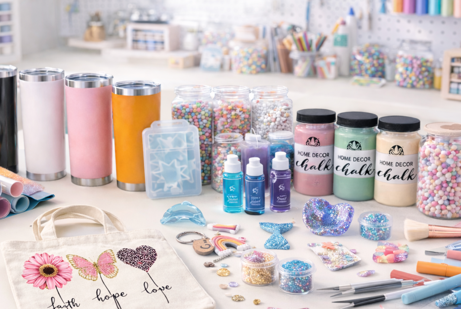 Wholesale craft supplies for DIY makers including tumblers, vinyl, beads, and paints on a workspace.