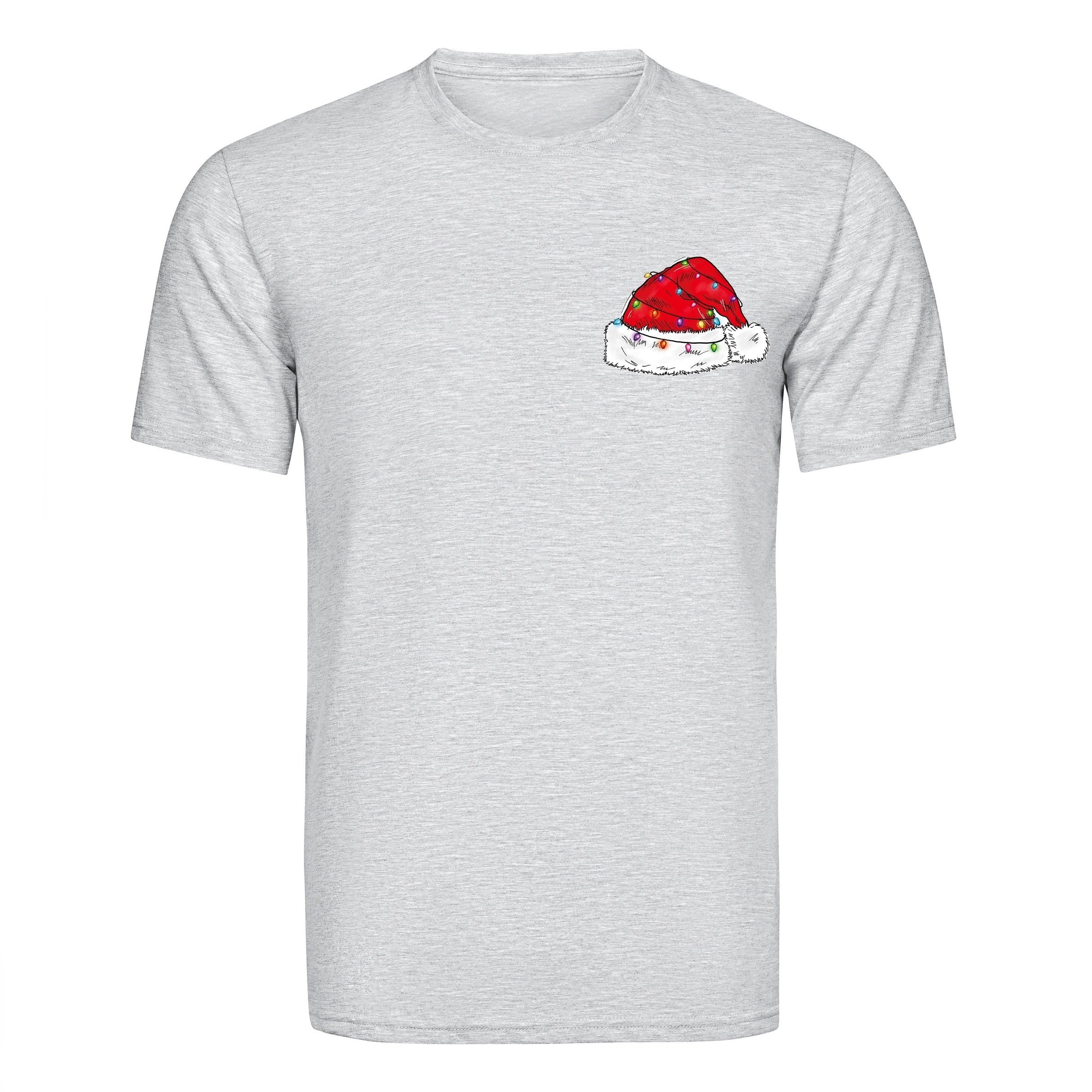 Light grey t-shirt with Santa hat and Christmas lights graphic, Master Maker Crafts wholesale, Ohio. DIY Craft Warehouse