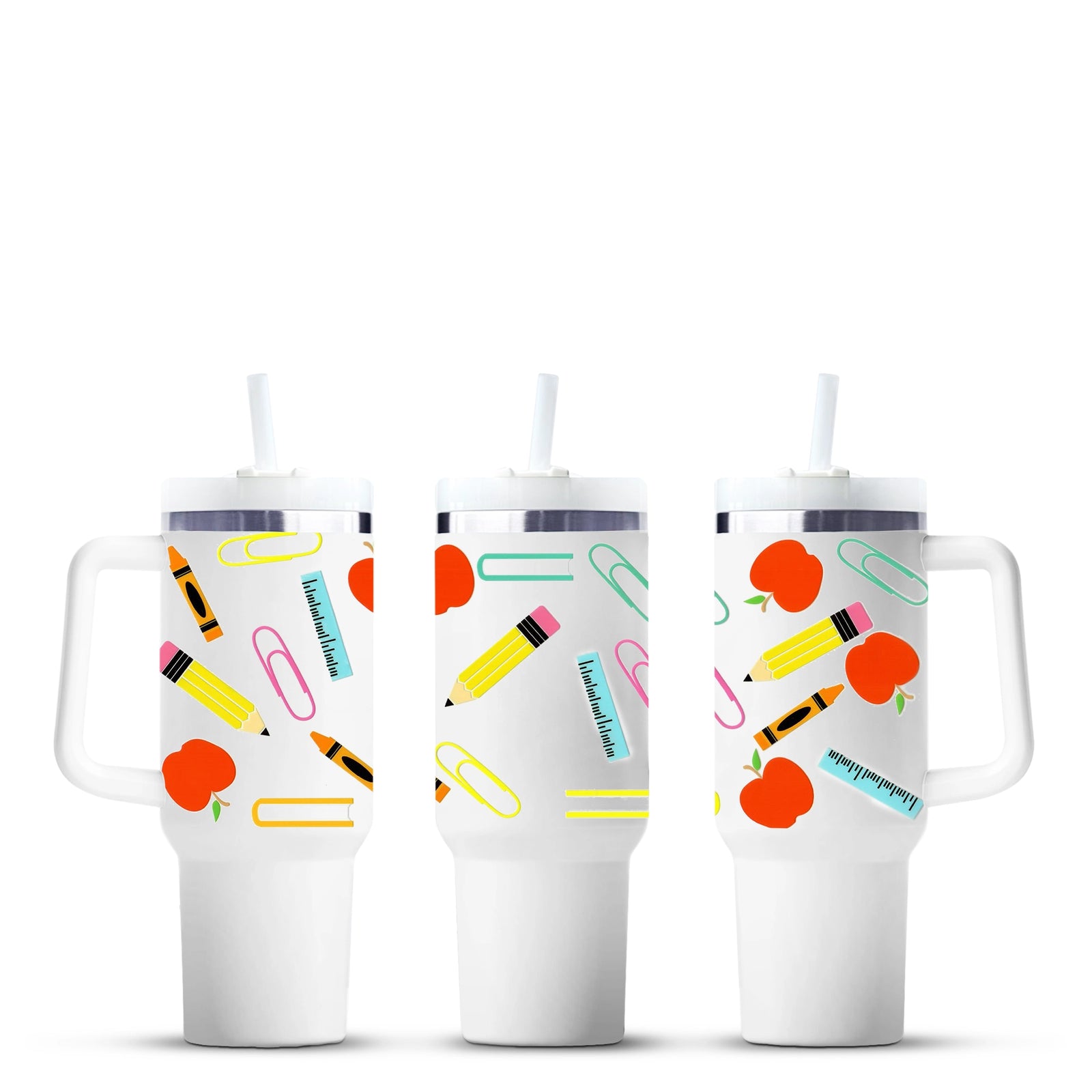 School-themed tumbler cups with apples, pencils, crayons, for Master Maker Crafts wholesale Ohio.