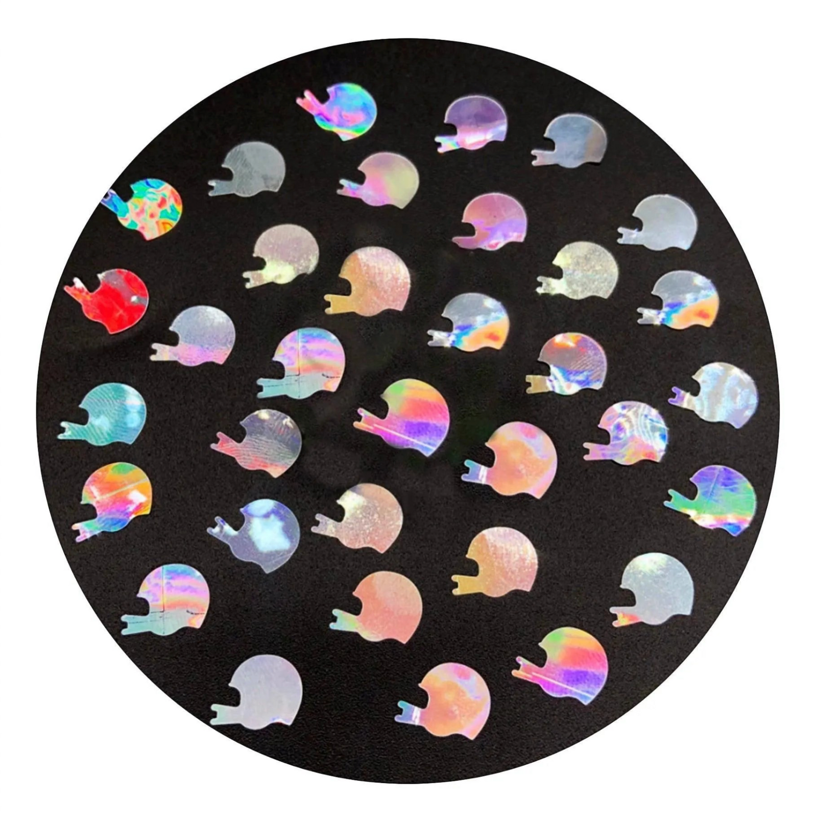Holographic helmet-shaped craft sequins on black background, Master Maker Crafts wholesale supplies.