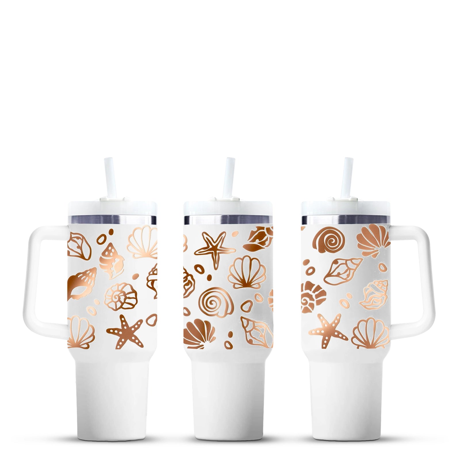 White tumbler cups with copper seashell designs, Master Maker Crafts, wholesale, fast shipping Ohio
