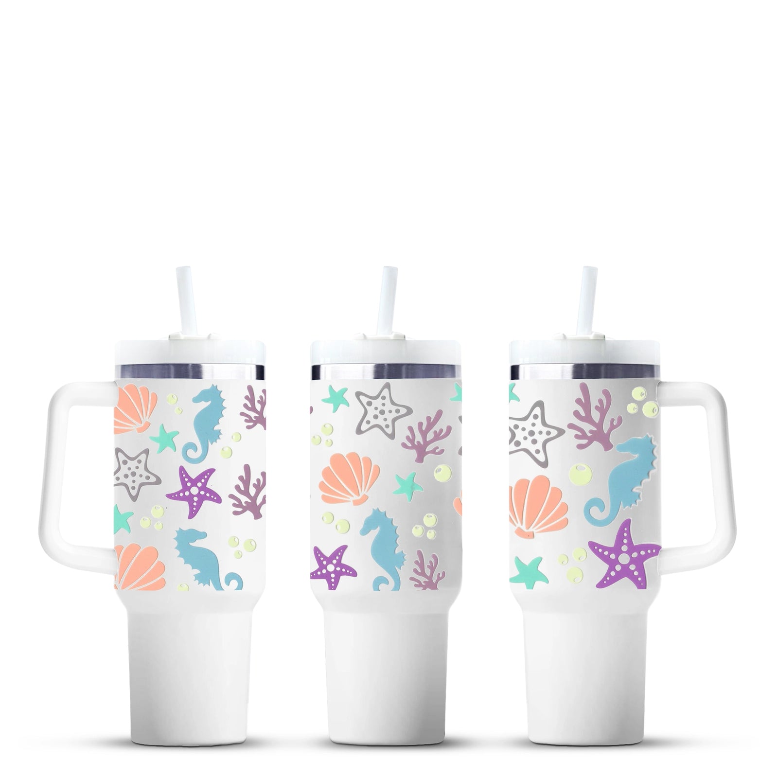 Sea life tumbler with pastel starfish, shells, seahorses, coral by Master Maker Crafts Ohio