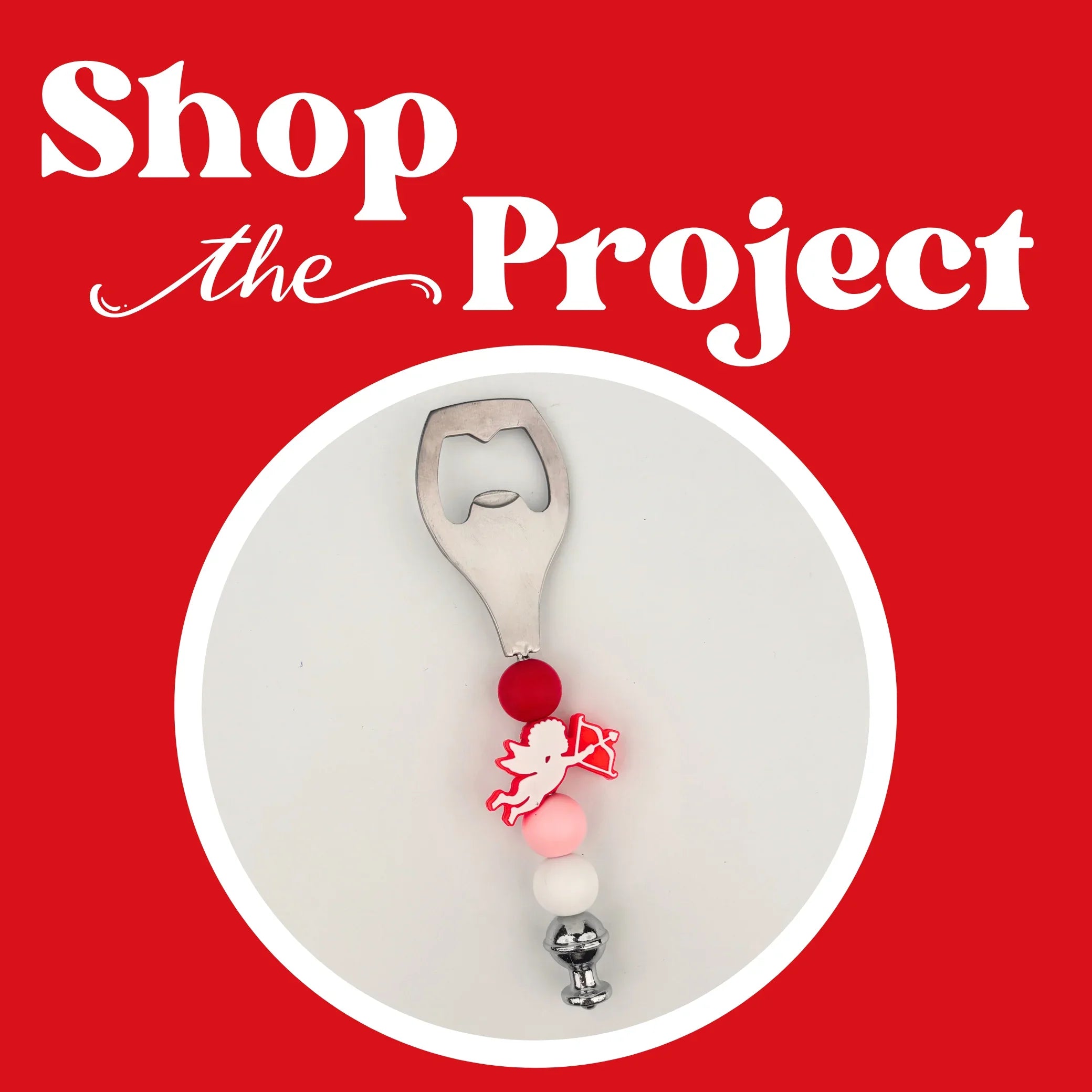 Decorative spoon with beads on a red background with 'Shop the Project' text