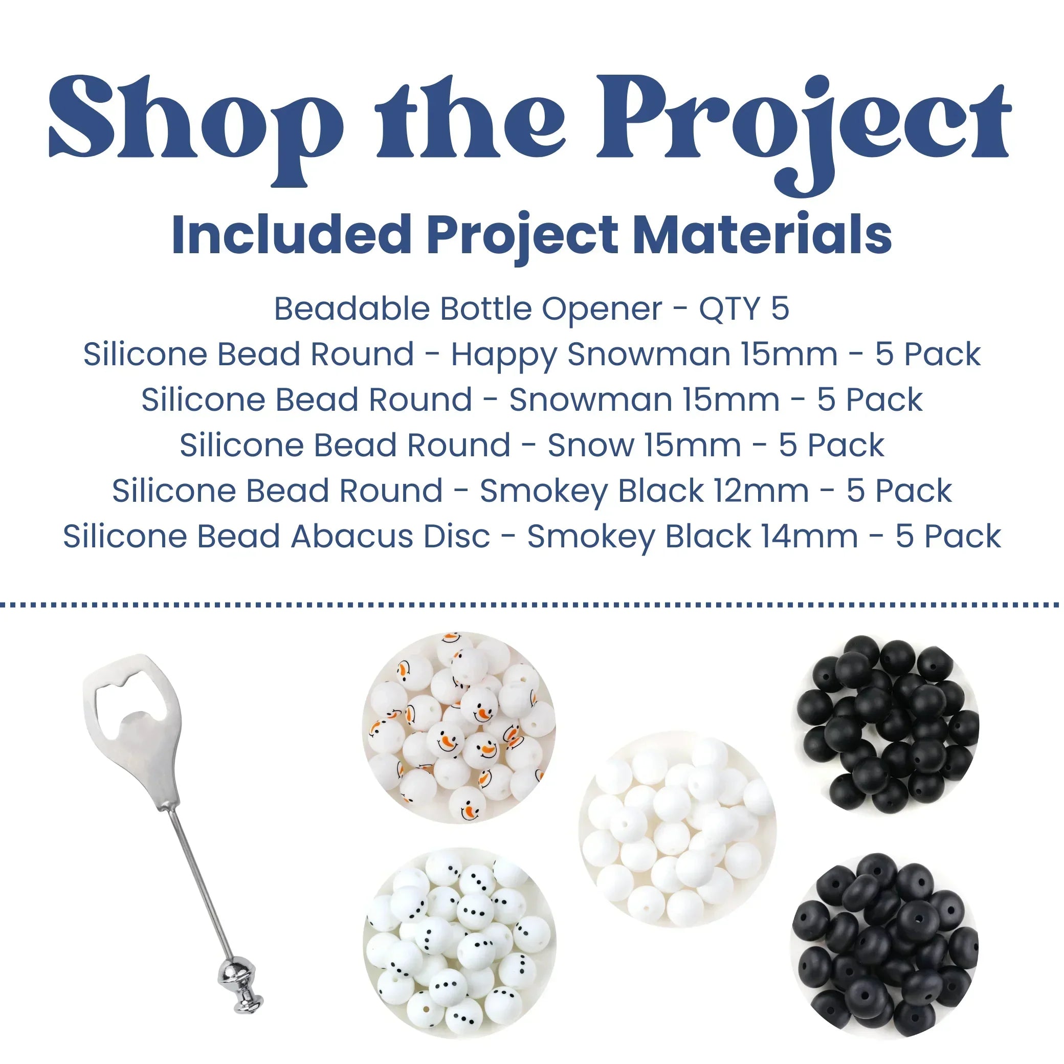 Project materials list with beadable bottle opener and silicone beads on a white background