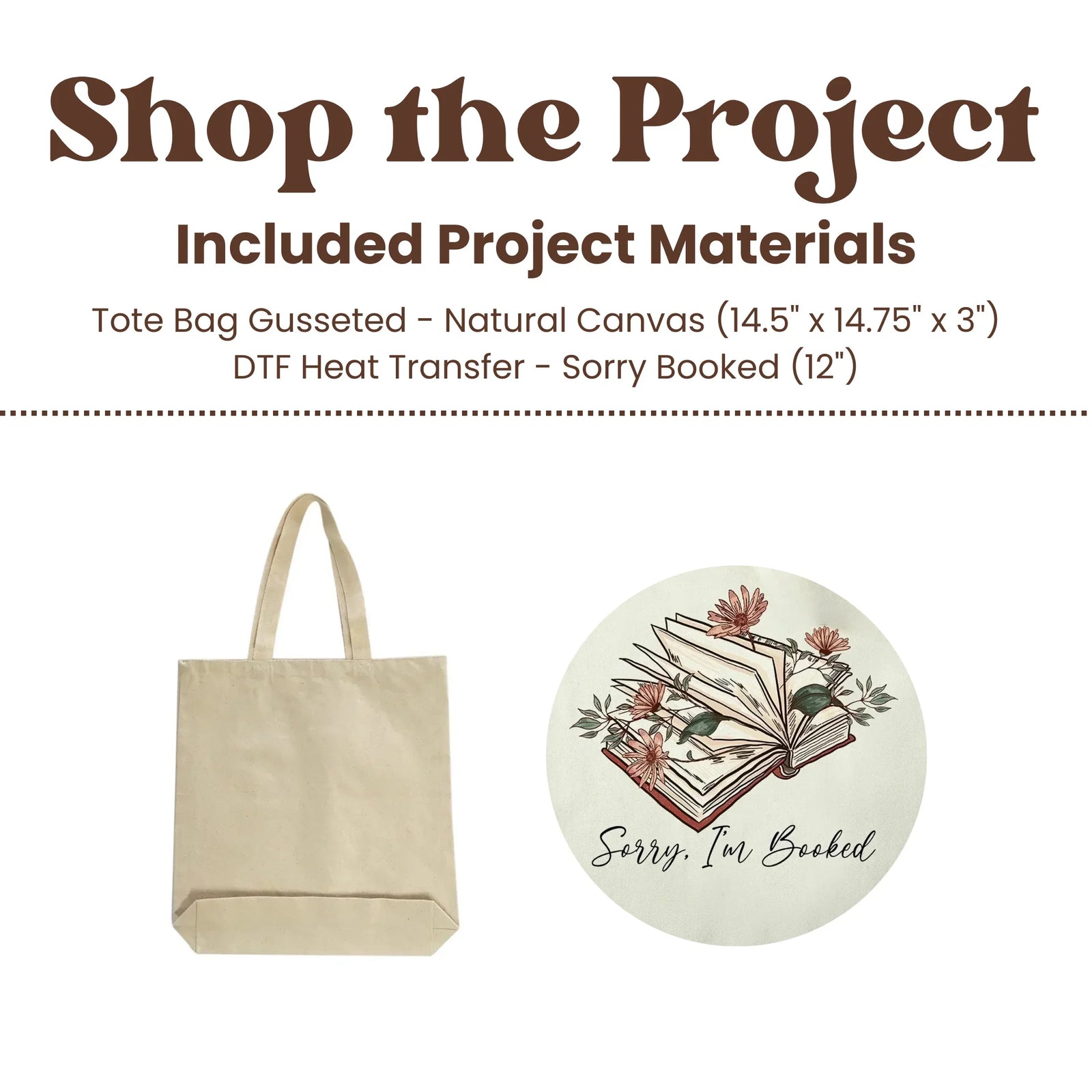 Tote bag with printed design and text 'Sorry, I'm Booked' on a white background