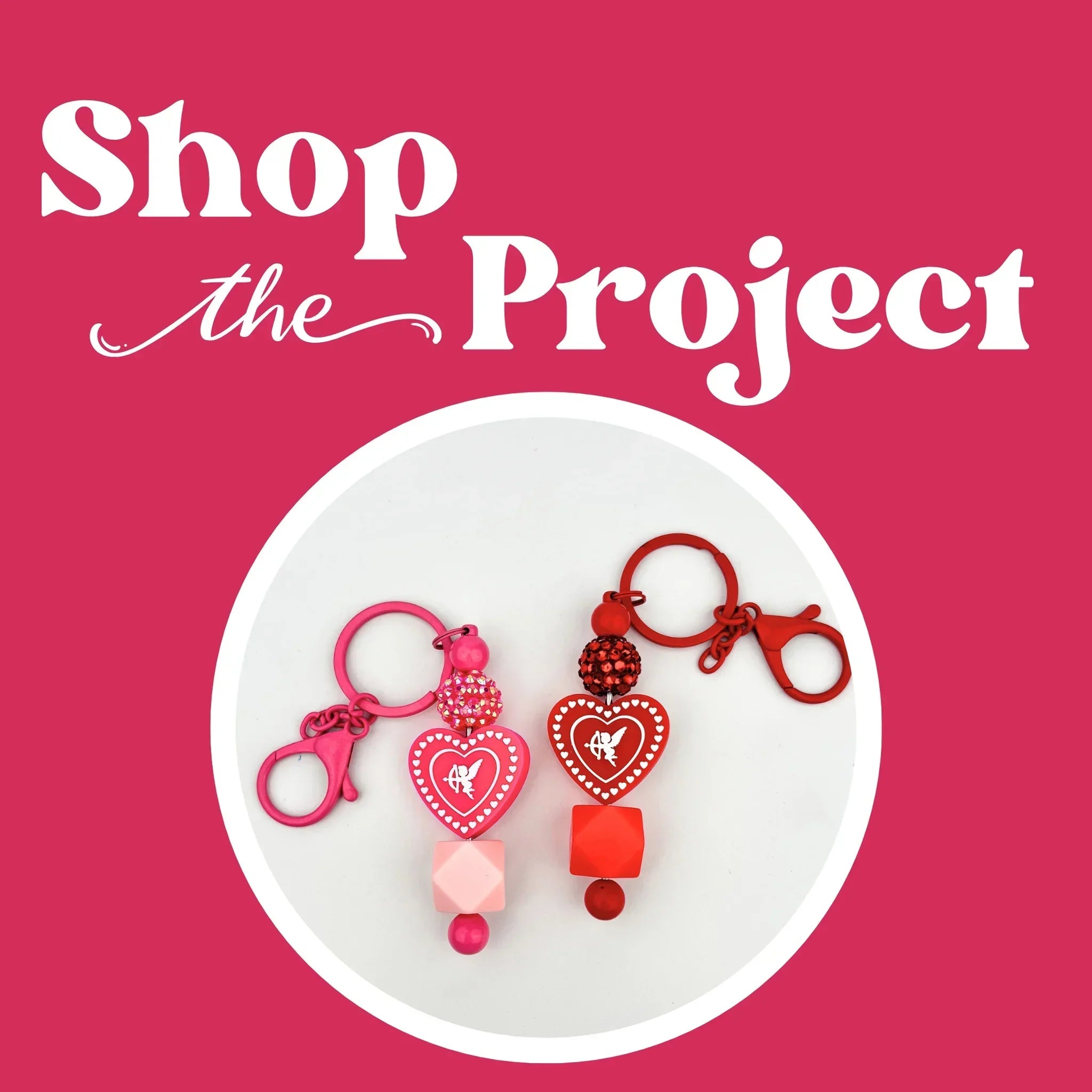 Two heart-shaped keychains on a white plate with 'Shop the Project' text on a pink background