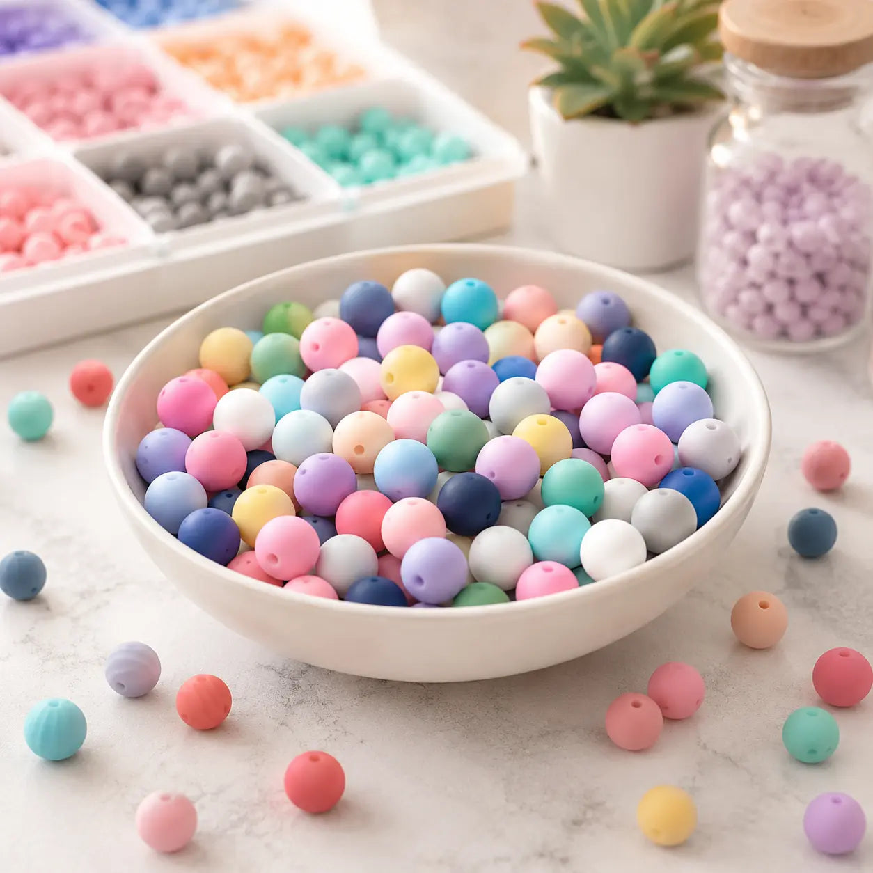 Assorted pastel colored beads in a white bowl on a marble surface.