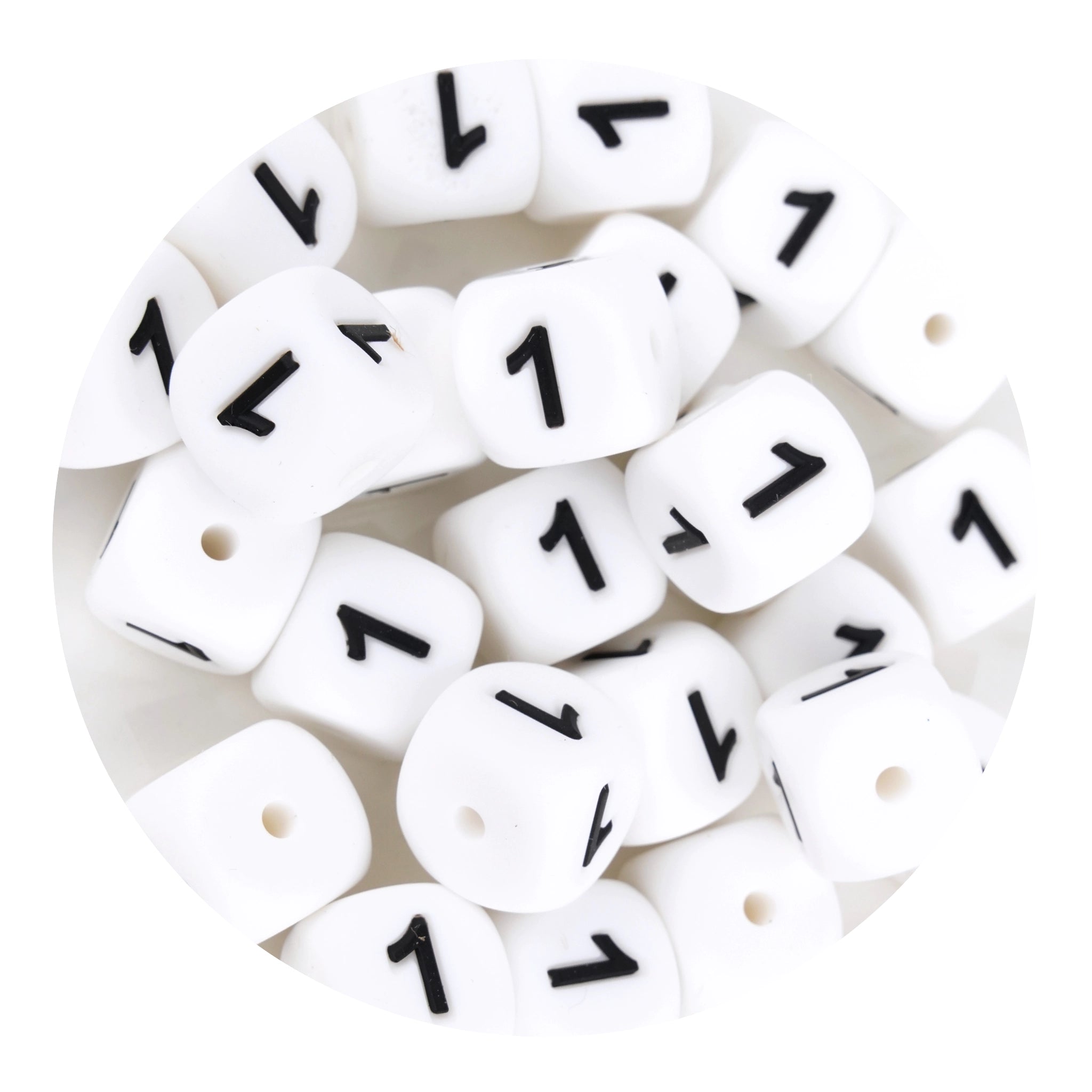 White silicone cube beads with black number 1, Master Maker Crafts wholesale Ohio DIY Craft Warehouse