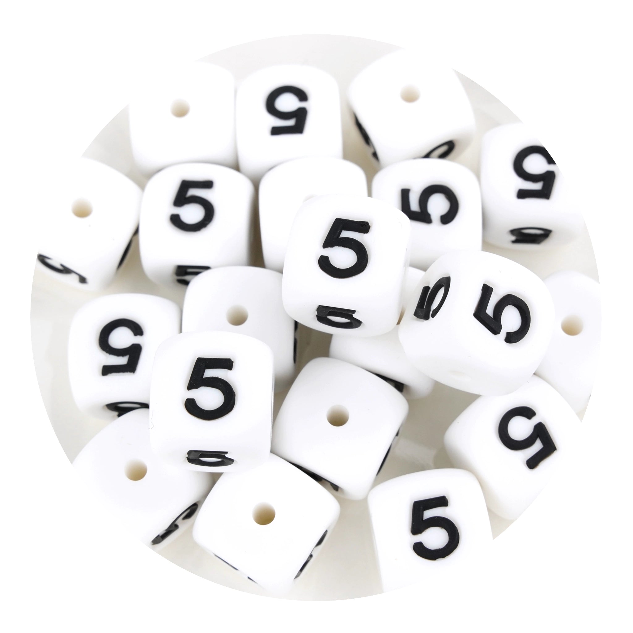 White silicone craft beads with black number 5, Master Maker Crafts wholesale Ohio DIY Craft Warehouse