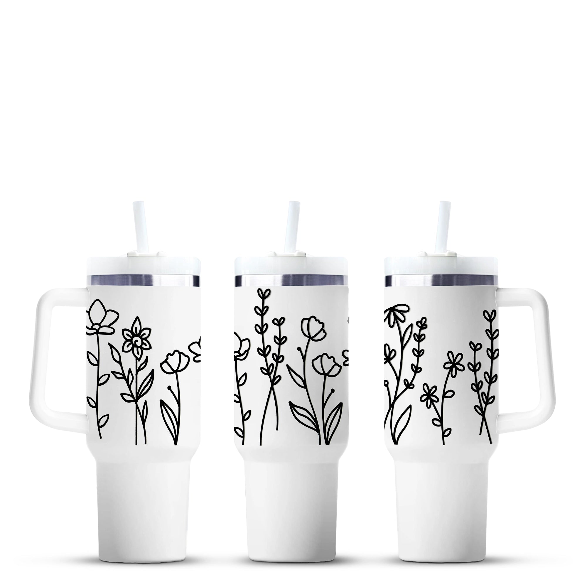 Sketched flowers on white tumblers, Master Maker Crafts wholesale craft supplies, fast shipping Ohio DIY Craft Warehouse