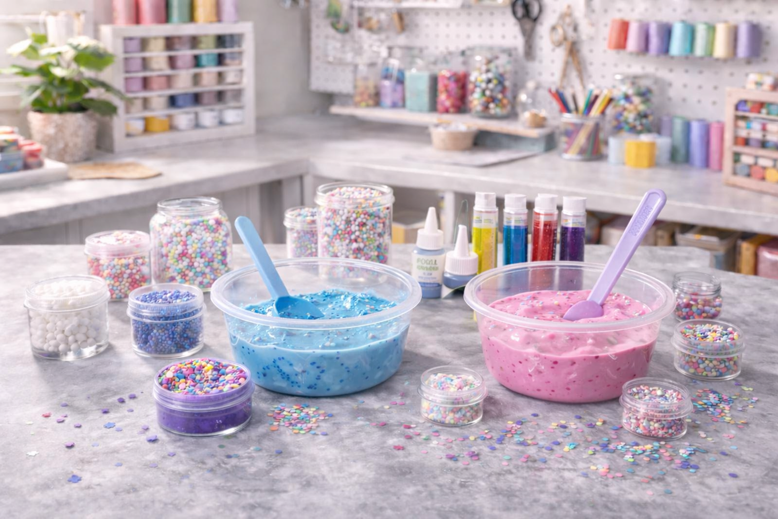 Colorful slime making supplies with sprinkles, beads, glue, and glitter in a craft room.