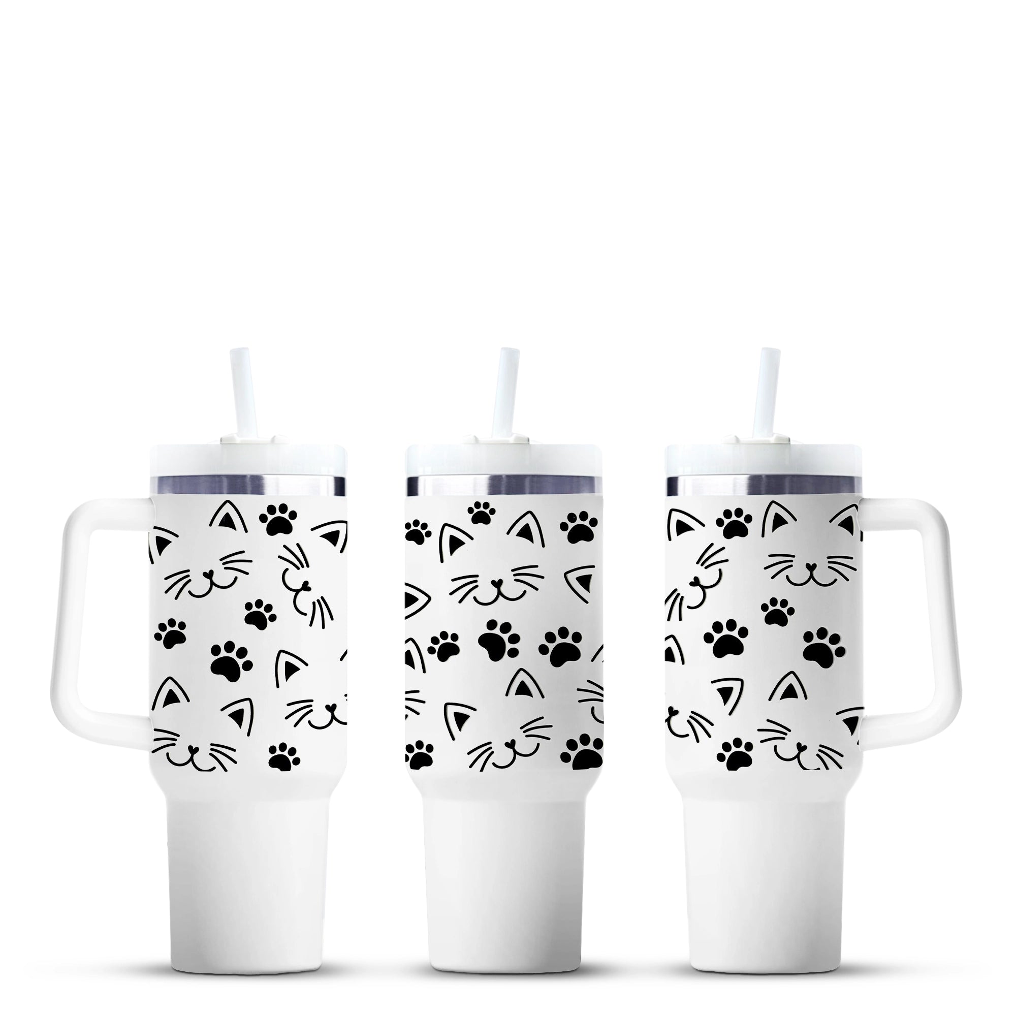 White tumblers with black cat faces and paw prints, Master Maker Crafts wholesale, Ohio fast shipping DIY Craft Warehouse