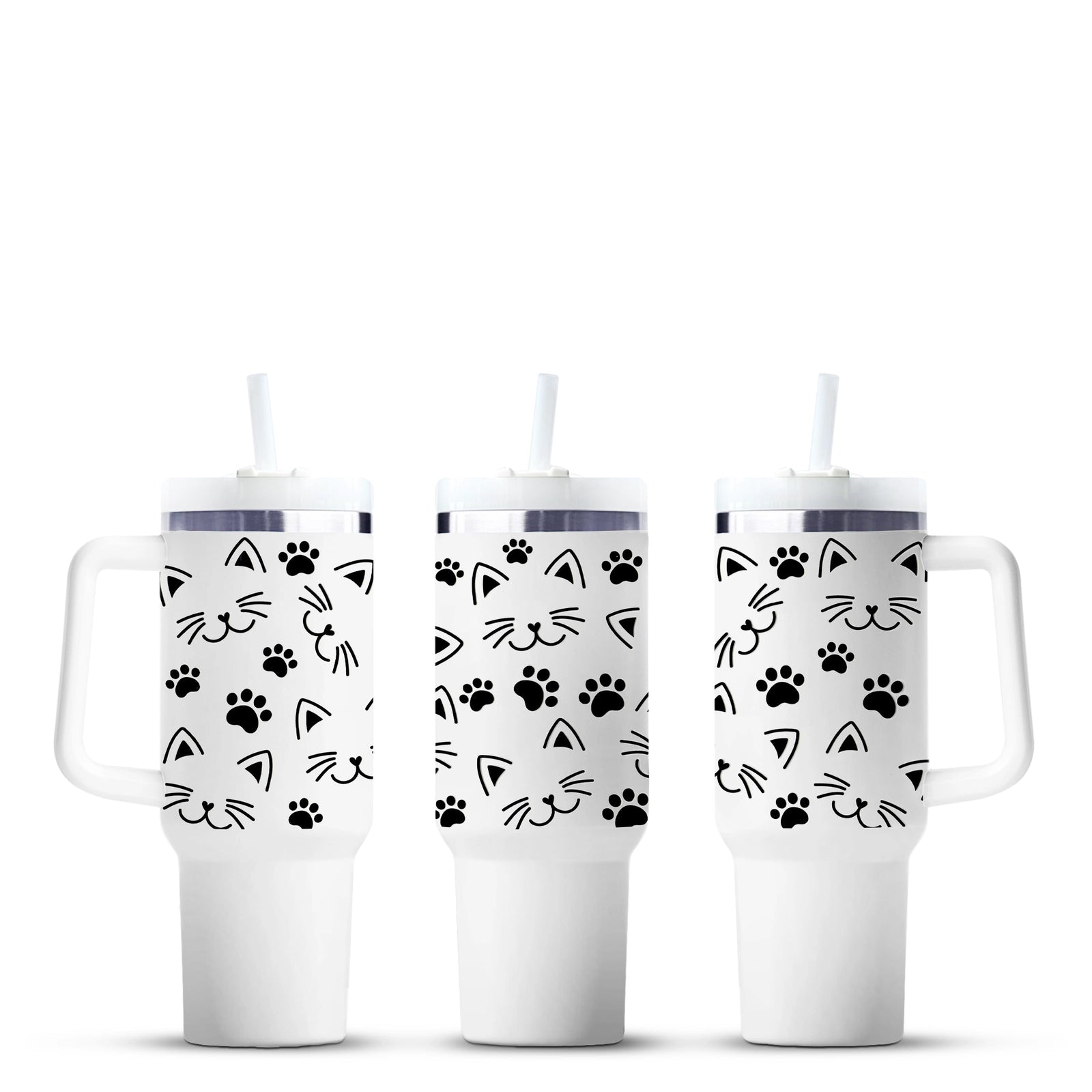White tumblers with black cat faces and paw prints, Master Maker Crafts wholesale, Ohio fast shipping