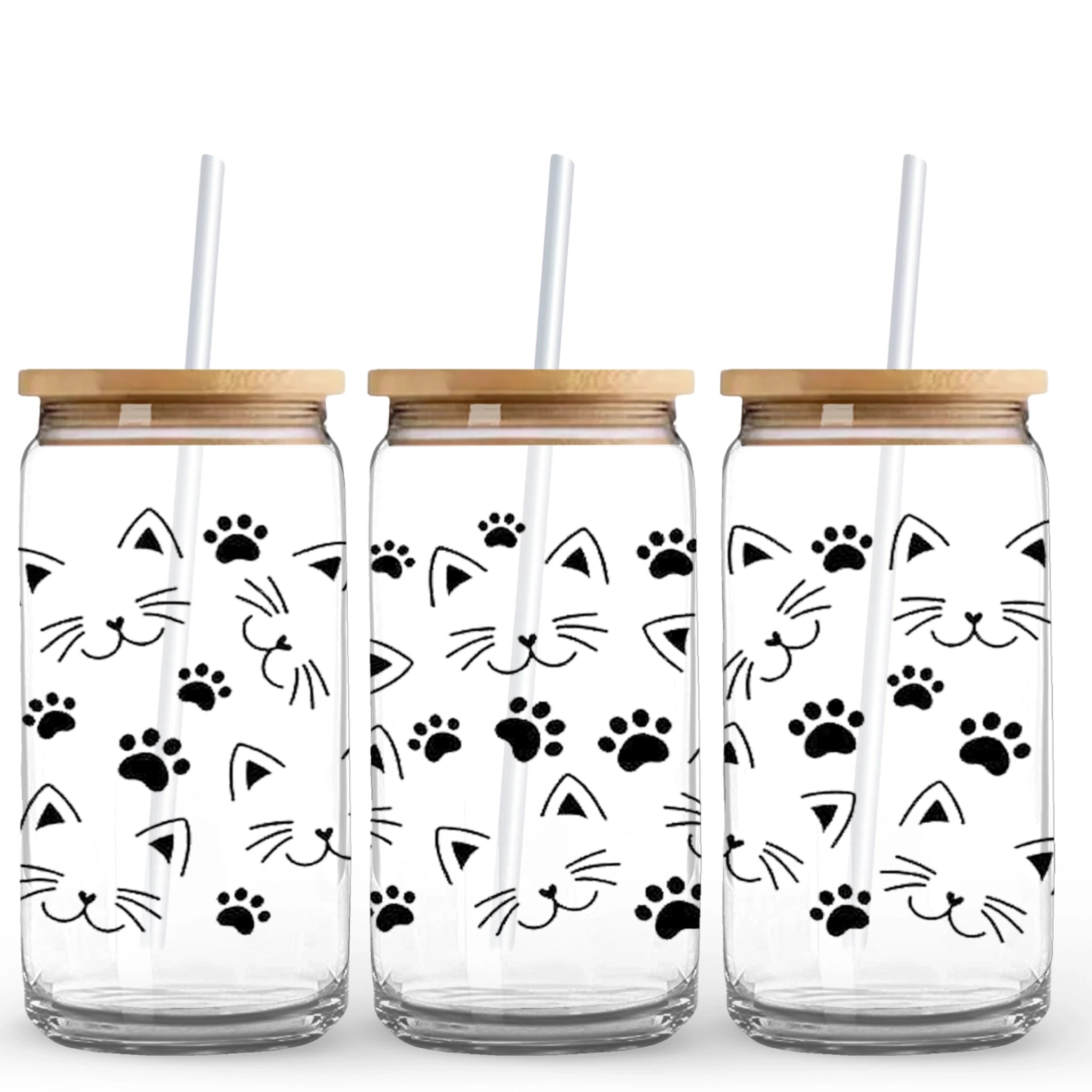 Three glass tumblers with bamboo lids and cat face paw print designs, Master Maker Crafts wholesale craft supplies, fast shipping Ohio DIY Craft Warehouse