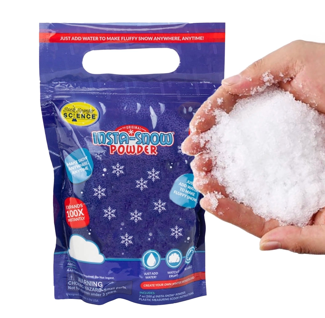 Insta-Snow Powder craft supply bag and fluffy artificial snow in hand, Master Maker Crafts wholesale, fast shipping Ohio DIY Craft Warehouse