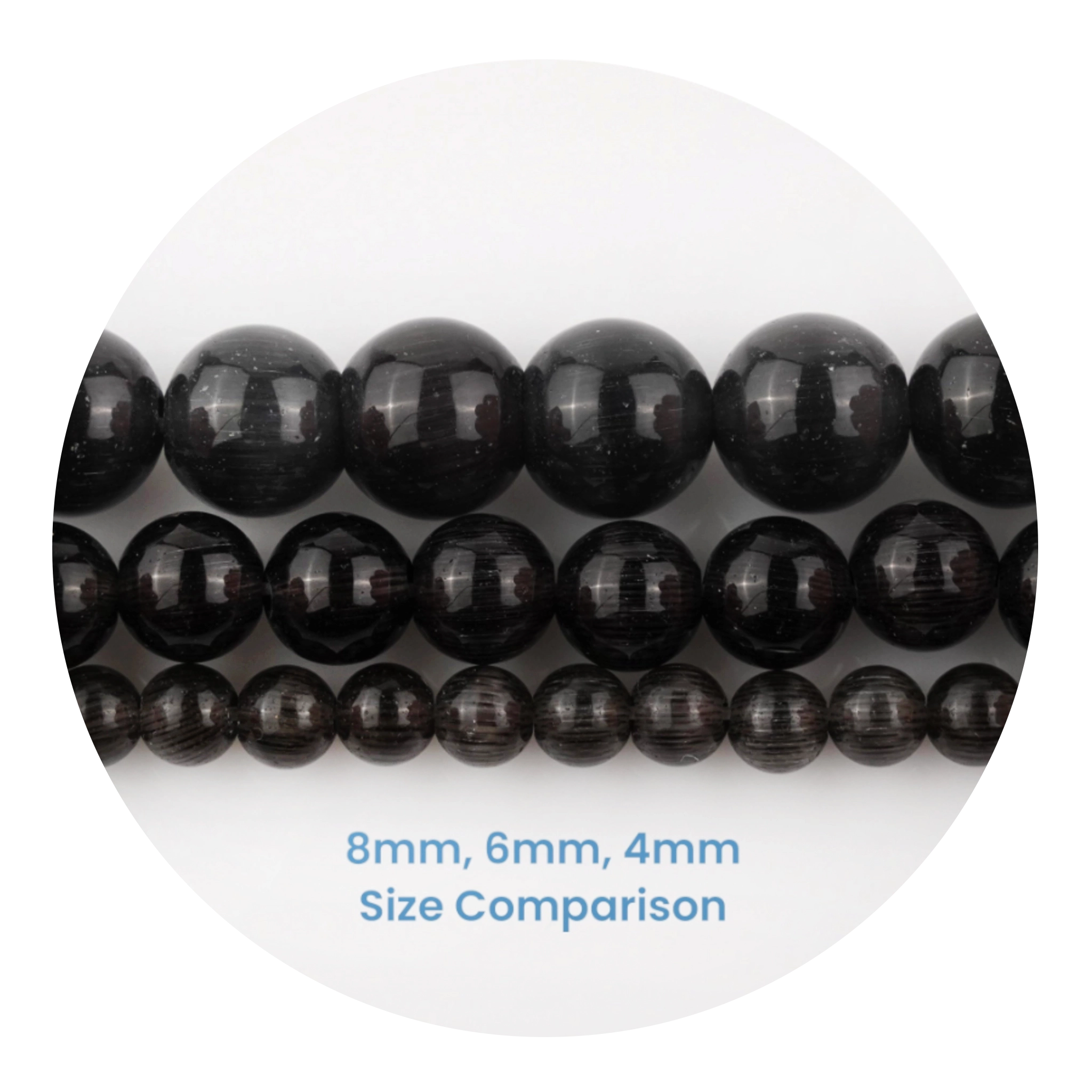 Black stone string beads size comparison, 8mm 6mm 4mm, Master Maker Crafts wholesale Ohio DIY Craft Warehouse