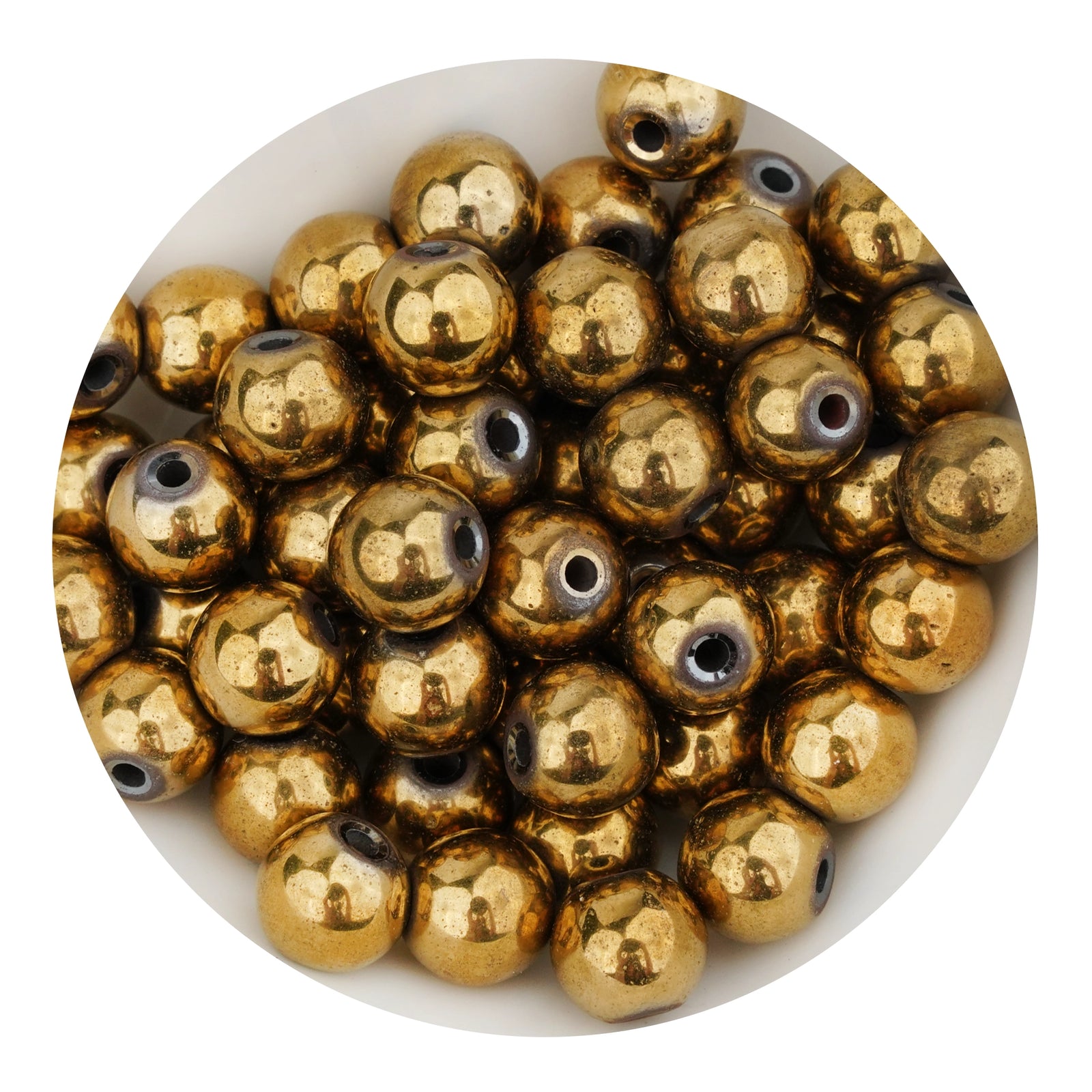 Metallic gold round stone string beads in white bowl, Master Maker Crafts wholesale supply Ohio