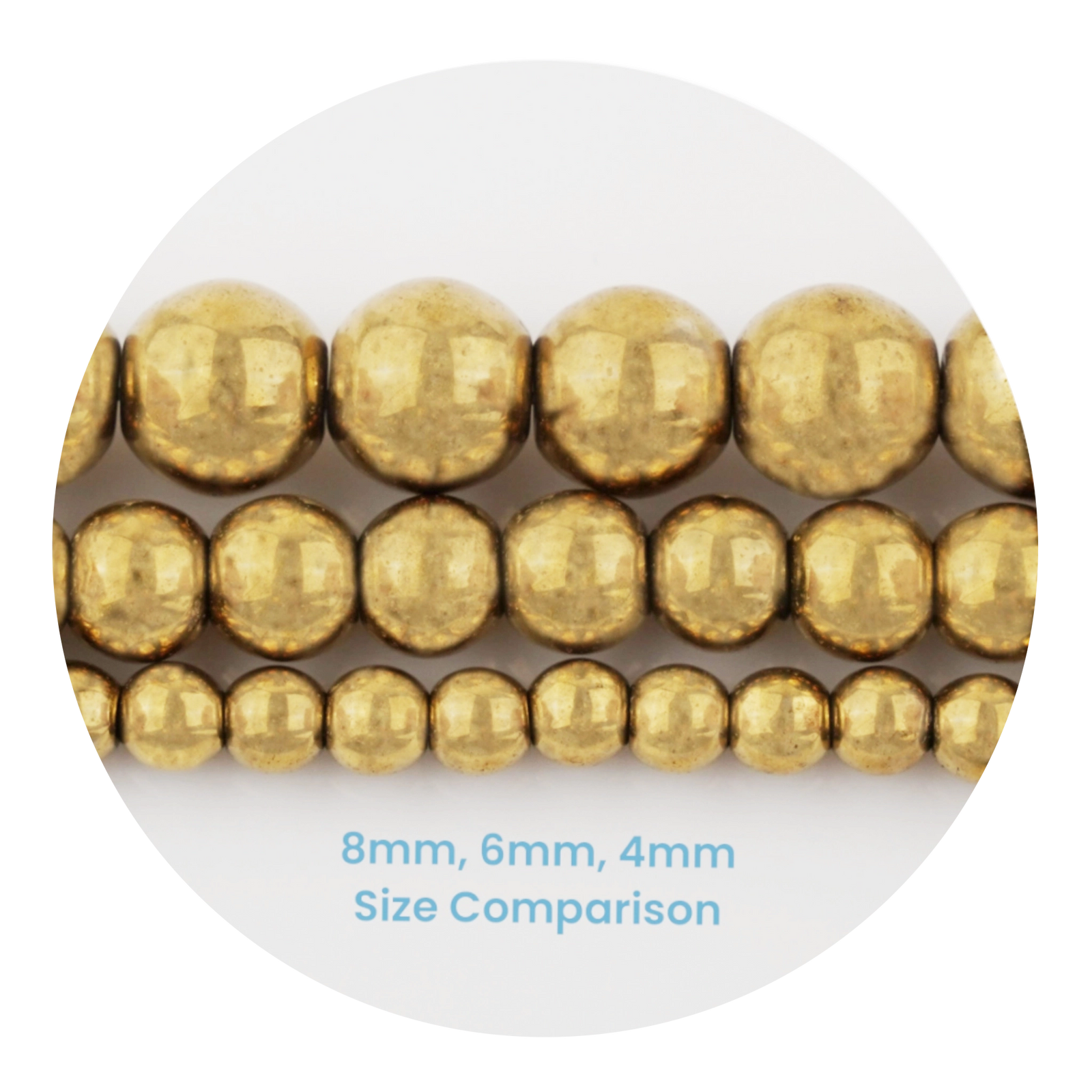 Metallic gold stone string beads size comparison 8mm 6mm 4mm, Master Maker Crafts Ohio