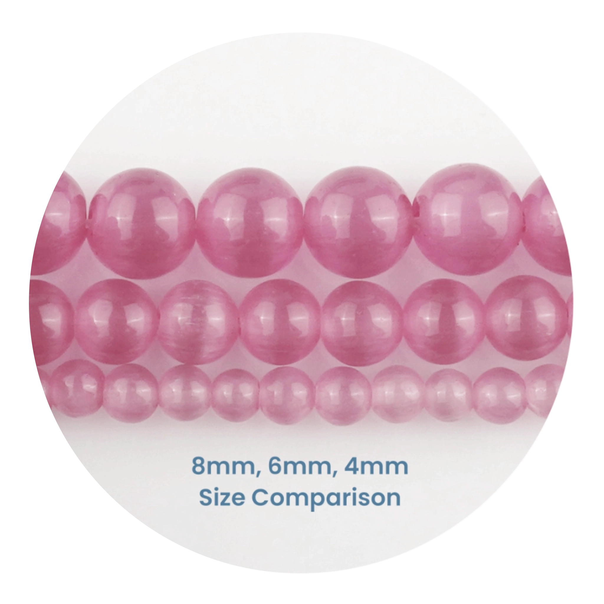 Light pink stone string beads in 8mm, 6mm, 4mm size comparison, Master Maker Crafts wholesale, fast shipping Ohio DIY Craft Warehouse