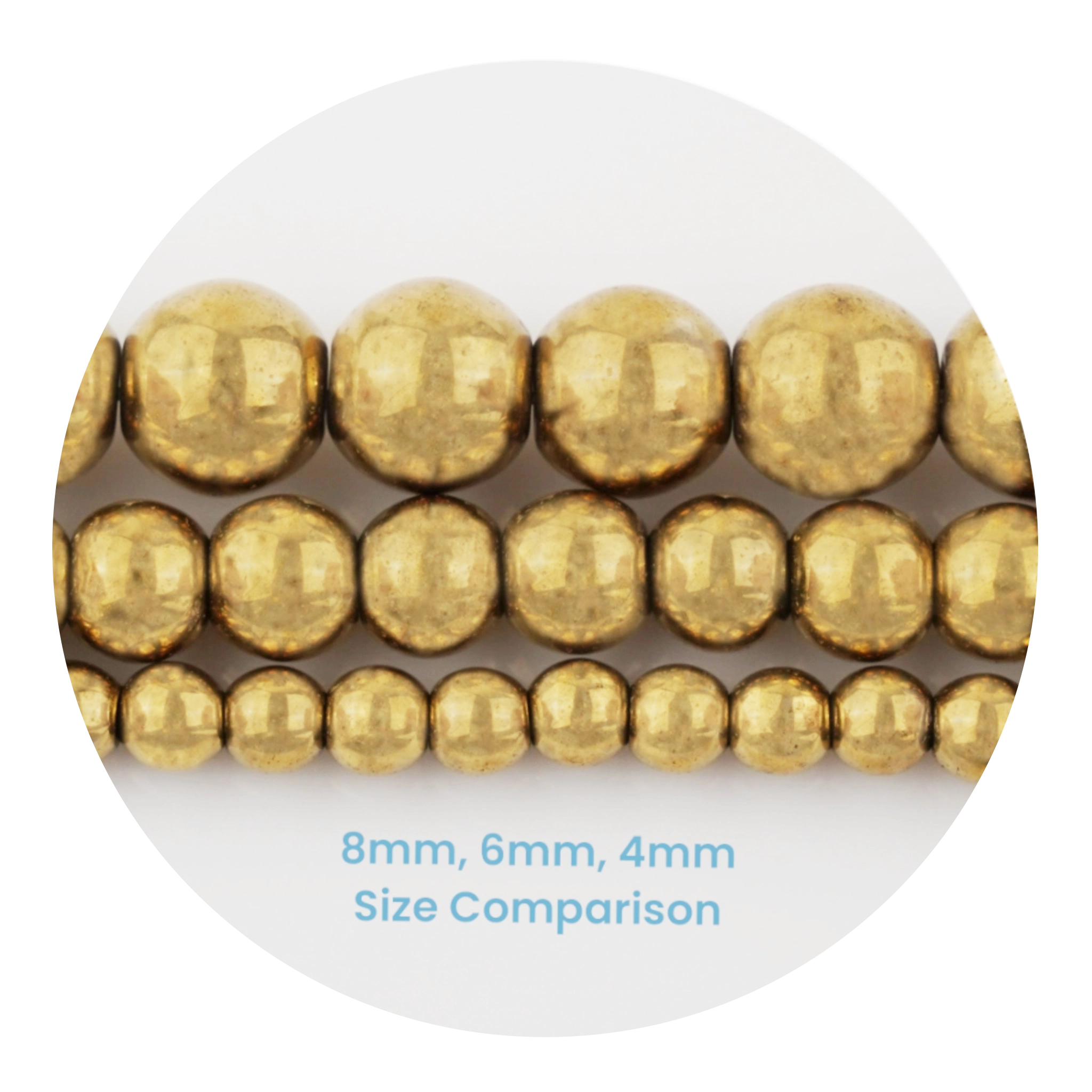 Metallic gold stone string beads in 8mm, 6mm, 4mm size, Master Maker Crafts wholesale Ohio DIY Craft Warehouse