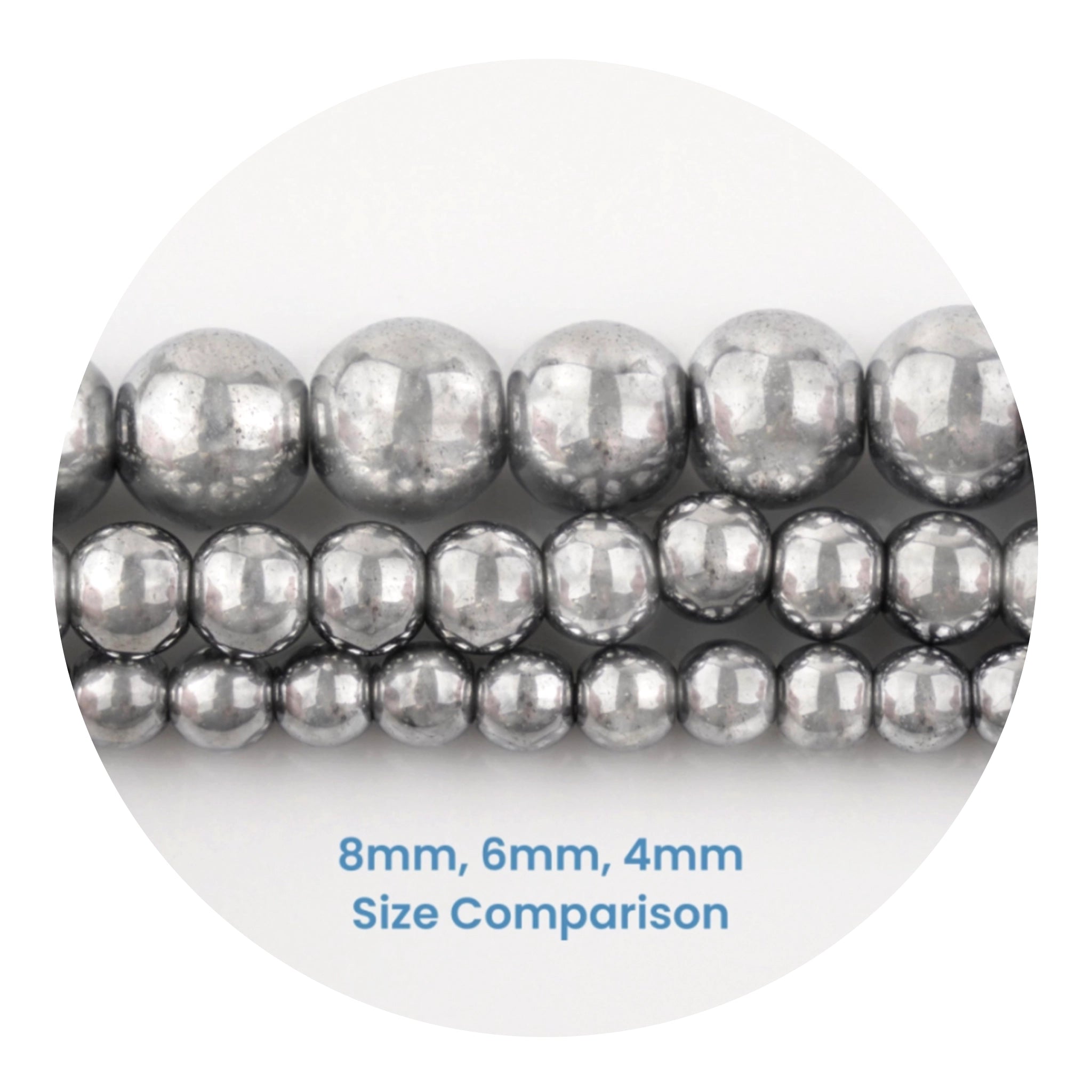 Silver stone string beads in 8mm, 6mm, 4mm size comparison, Master Maker Crafts wholesale craft supplies, fast shipping Ohio DIY Craft Warehouse