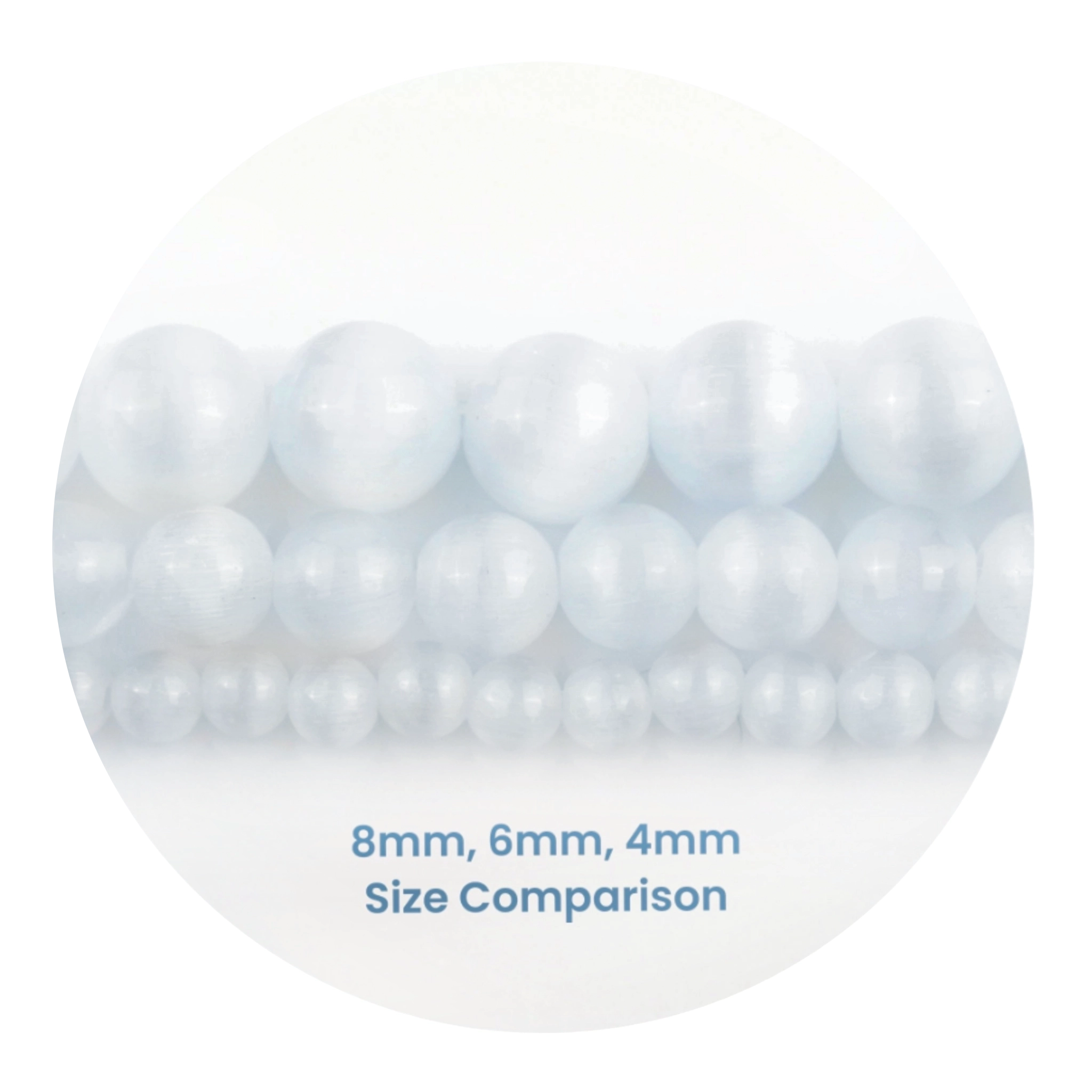 White stone string beads size comparison, 8mm 6mm 4mm, Master Maker Crafts wholesale Ohio DIY Craft Warehouse