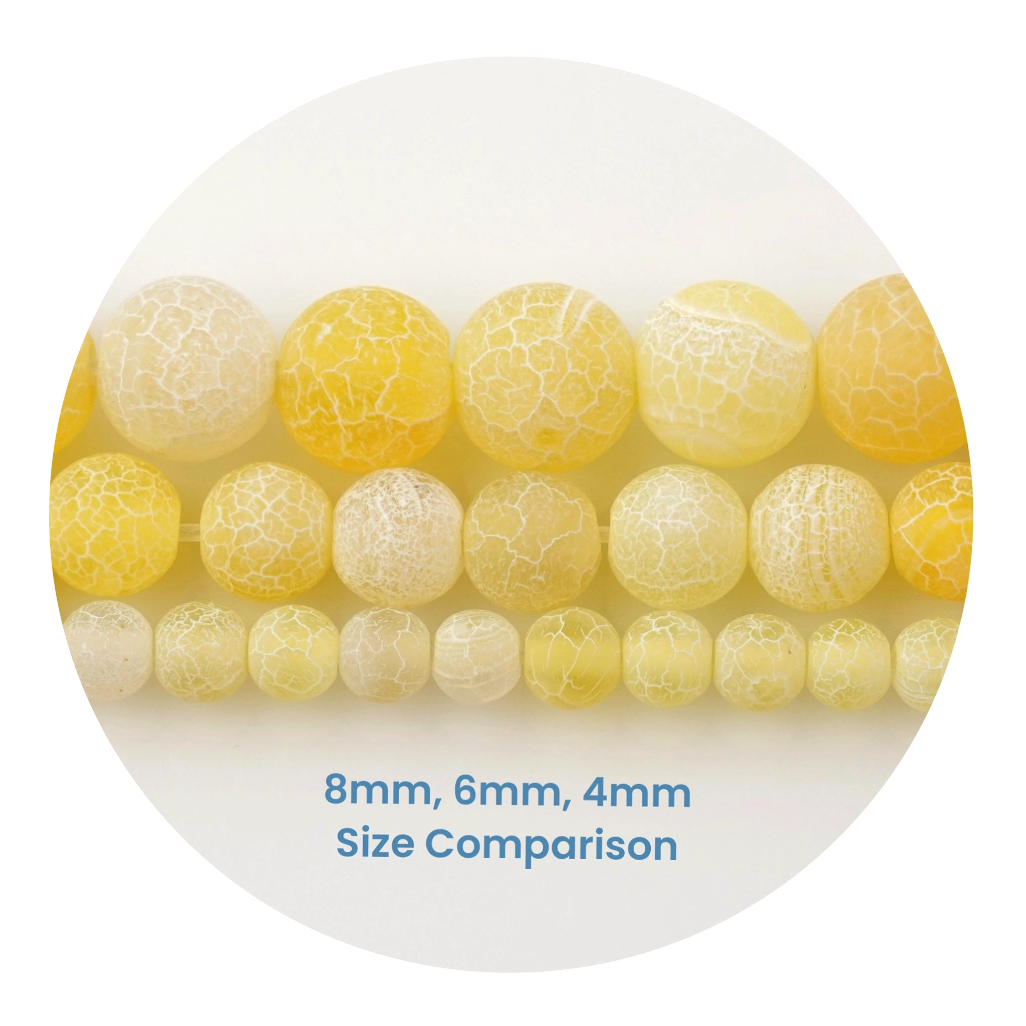 Yellow two-tone stone string beads size comparison, 8mm 6mm 4mm, Master Maker Crafts wholesale, fast shipping Ohio DIY Craft Warehouse